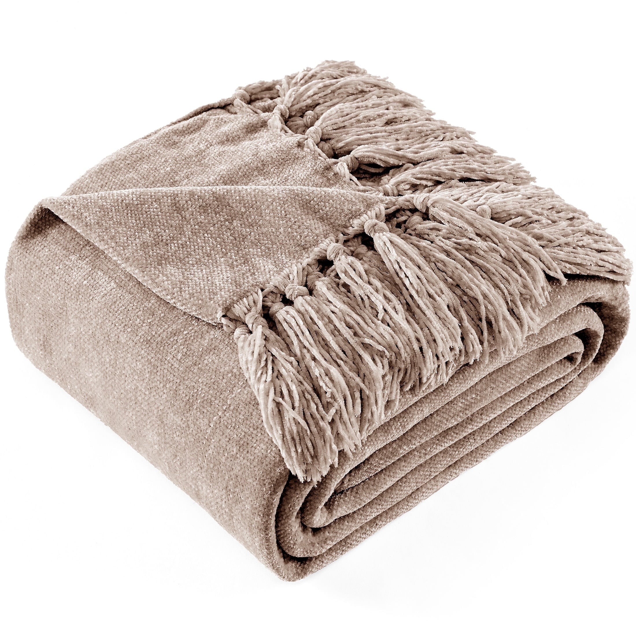 Lightweight Warm Chenille Throw Blanket with Fringe Tassel for Couch Sofa Chair Bed, Taupe 50" X 60" - Luxury Knitted Decorative Throw Blanket with Fringes - Default Title