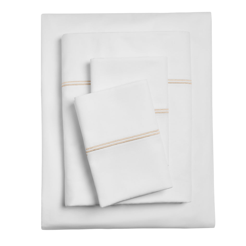 Breathable Luxury 4-Piece 300 Thread Count White Pima Cotton Bed Sheet Set with Tan Hem, Full , Adult/Teen - Cooling Hotel Quality Bedding Sheets and Pillowcases - Default Title