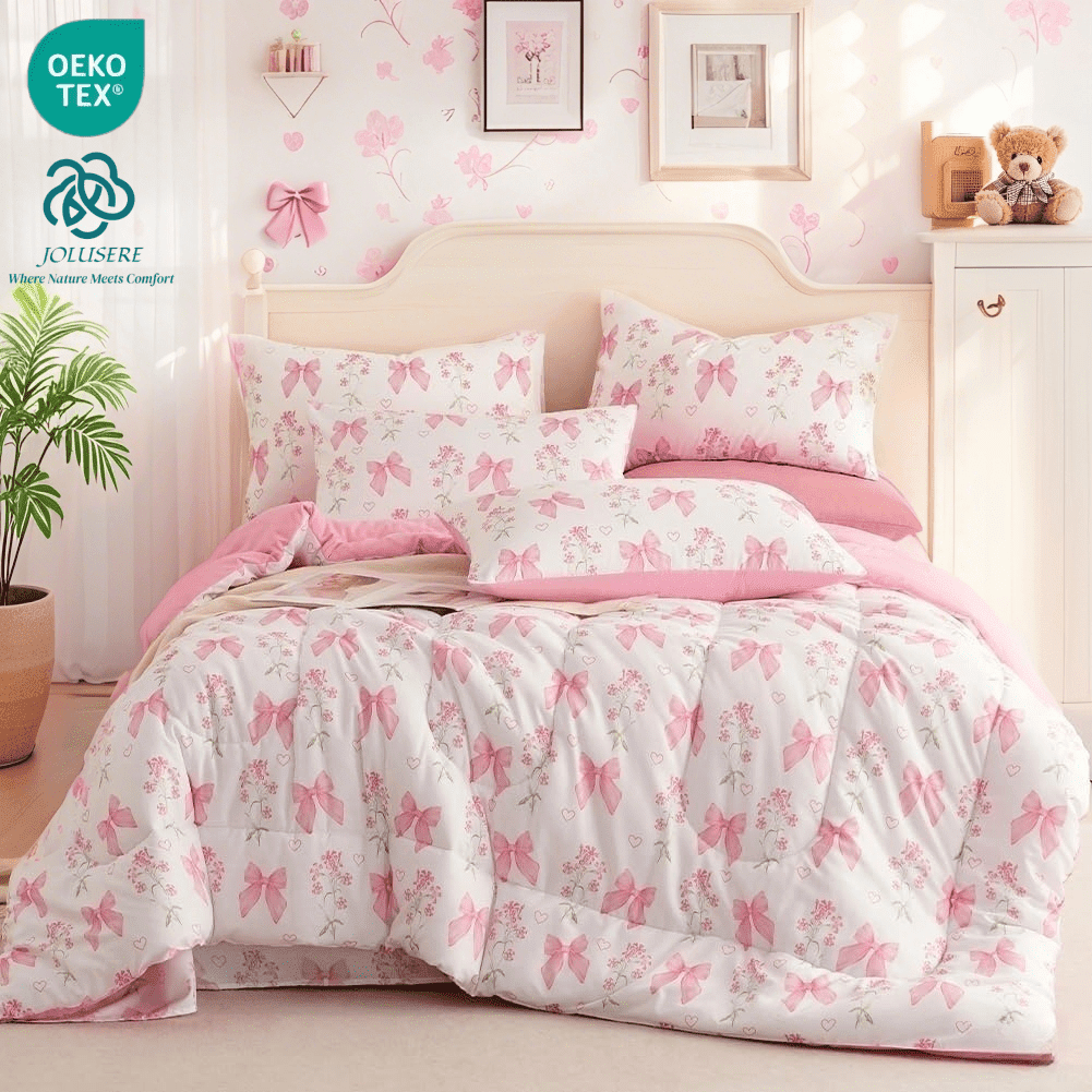 Hypoallergenic Cloud Pink Bowknot Girls Comforter Set Twin Size, 3 Pieces Bows Princess Style Bedding Set for Girls for All Season - Hypoallergenic Ultra-Fluffy Quilt for Winter - Default Title