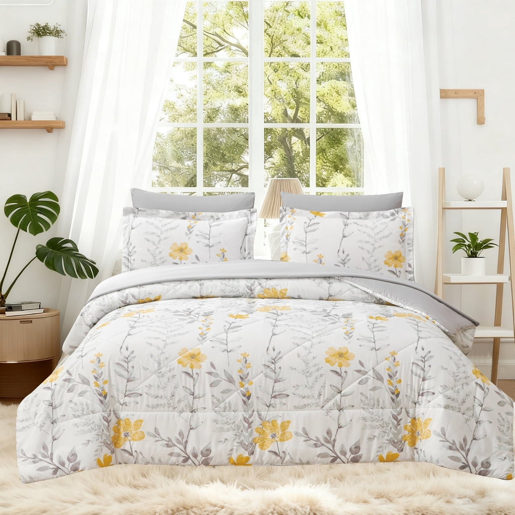 Fluffy Down Alternative 3 Piece Comforter Set Queen Yellow Floral Quilt Microfiber Patchwork Bedspread - All-Season Down Alternative Comforter Insert - Default Title