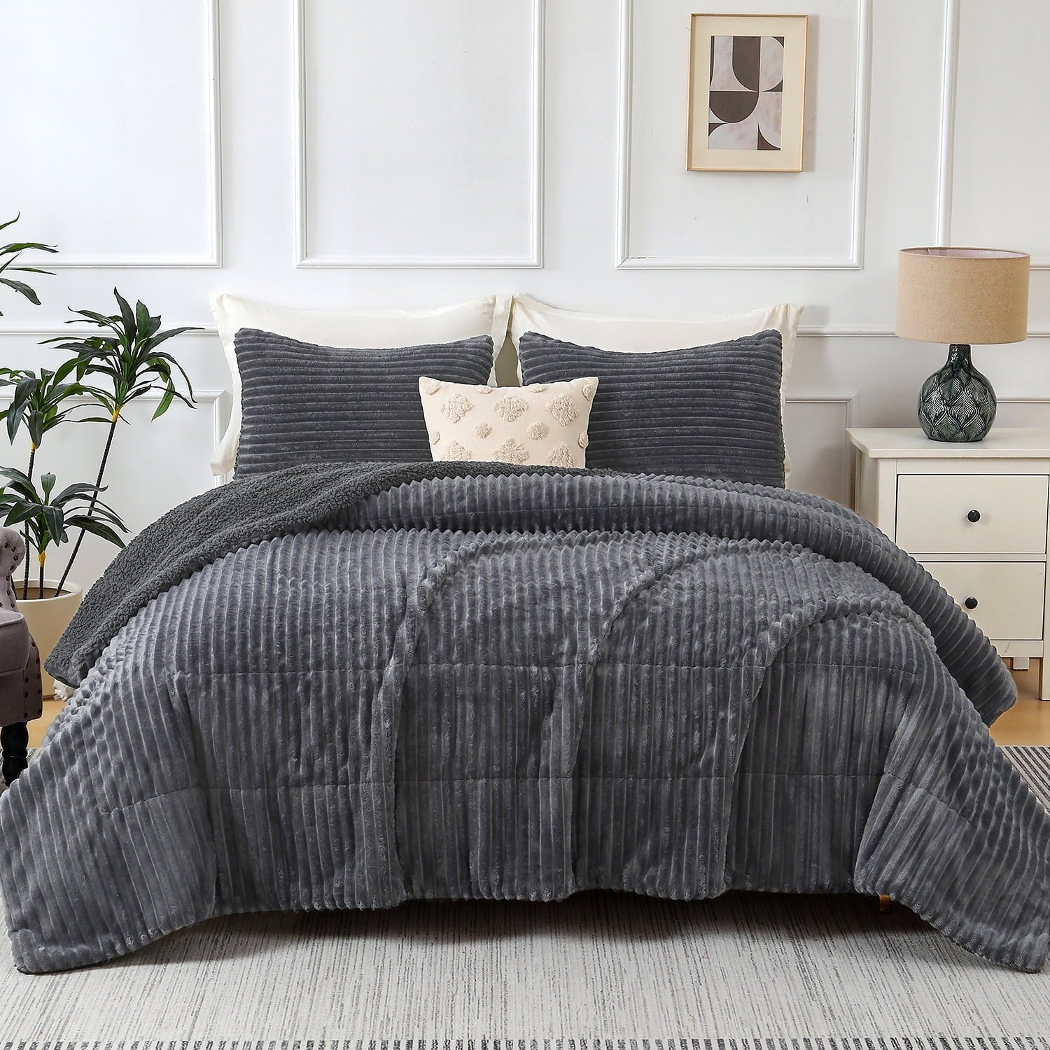 Hypoallergenic Cloud 3 Piece Fleece Queen Comforter Set - Soft & Warm Fluffy Dark Gray Sherpa Bedding , Fuzzy Heavy Double Sided Design Wi... - Hypoallergenic Ultra-Fluffy Quilt for Winter - Default Title
