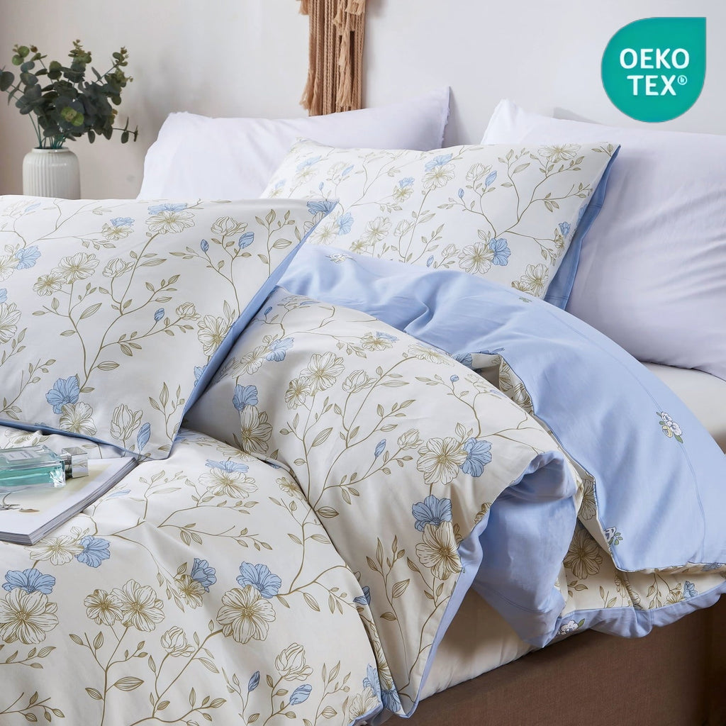 Luxurious Quilted Cotton Comforter Sets Queen Size, 3 Pieces Botanical Blue Floral Reversible Bedding Sets for Adults All Season - Hypoallergenic Ultra-Fluffy Quilt for Winter - Default Title