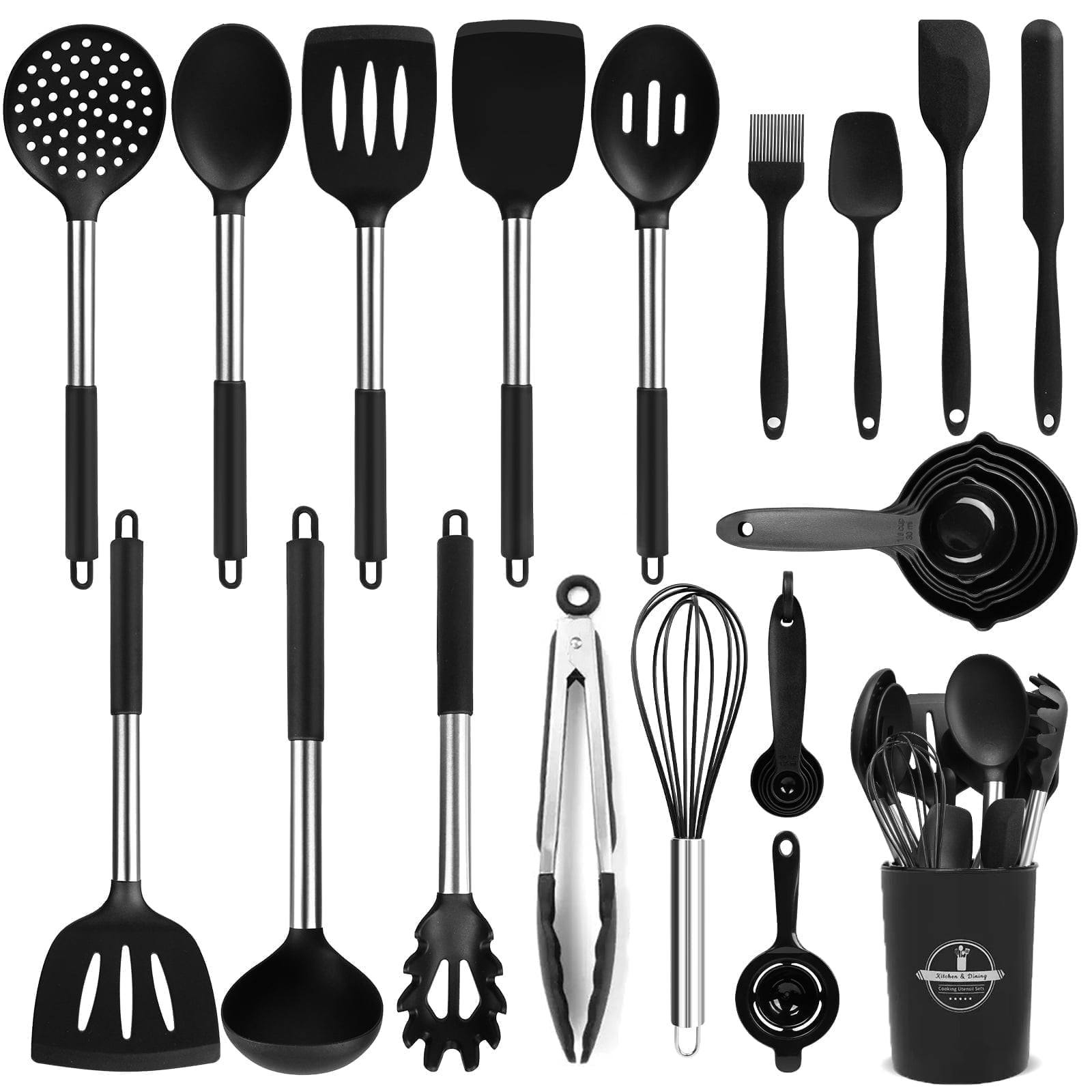 Seamless One-Piece Silicone Cooking Utensils Set, 26 Pcs, Heat Resistant Kitchen Utensils Set, Black - Ergonomic Kitchen Tongs and Cooking Spoon Utensil - Default Title