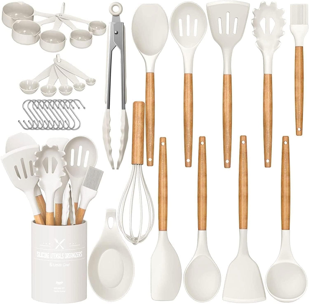 Premium Silicone Kitchen Cooking Utensils Set, 33 pcs Non-stick Silicone Cooking Kitchen Utensils Spatula Set with Holder, Wooden Hand... - Ergonomic Kitchen Tongs and Cooking Spoon Utensil - Default Title