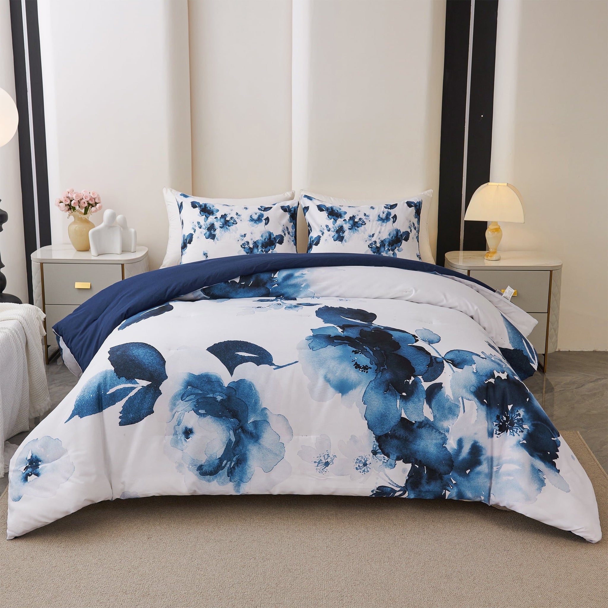 All-Season 3 Pieces Blue and White Floral Comforter Set King Size, Flower Bedding with Watercolor Flowers Pattern for Women, Rev... - Cloud-Like Soft Lightweight Bed Comforter - Default Title