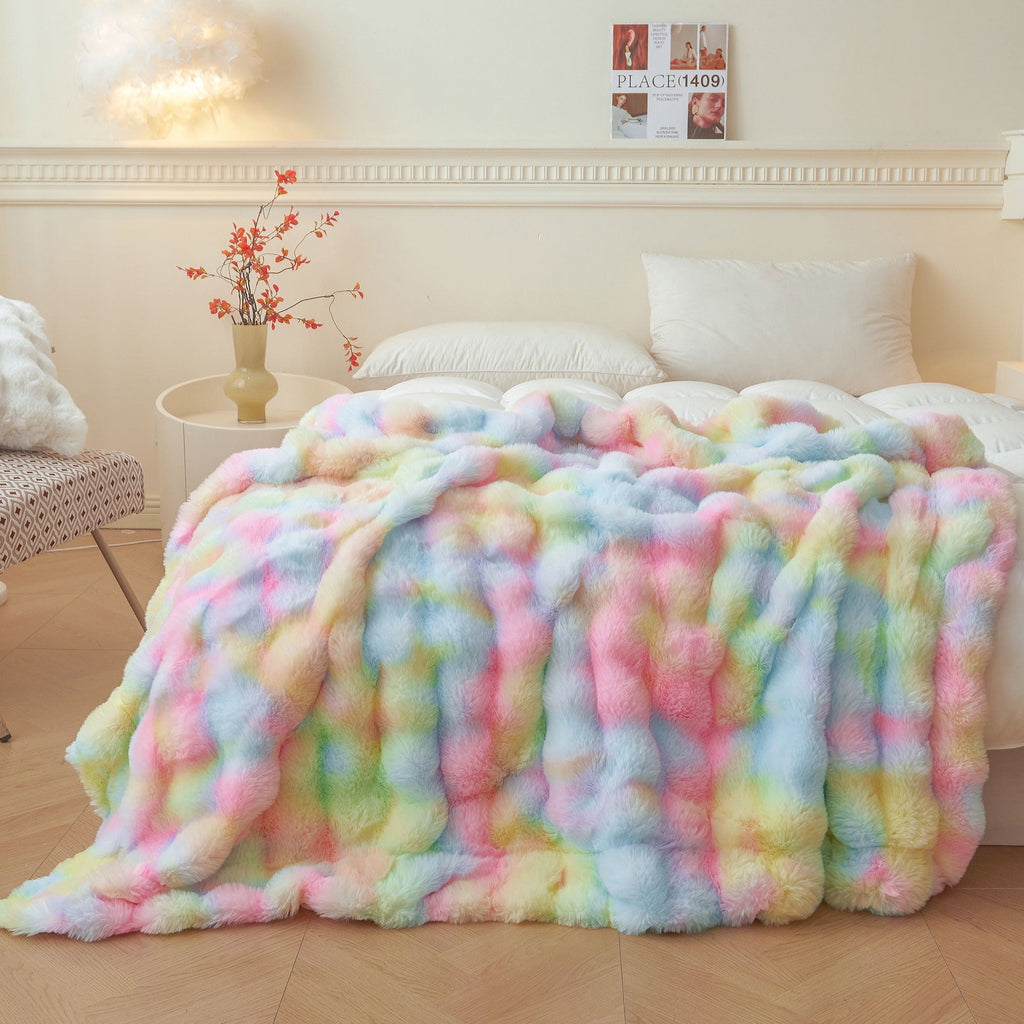 Lightweight Warm Fluffy Faux Rabbit Fur Bubble Throw, Rainbow Plush Shaggy Blanket for Couch Sofa Chair, Soft Tie Dye Furry Blanket Ad... - Lightweight Plush Warm Blanket for All Seasons - Default Title