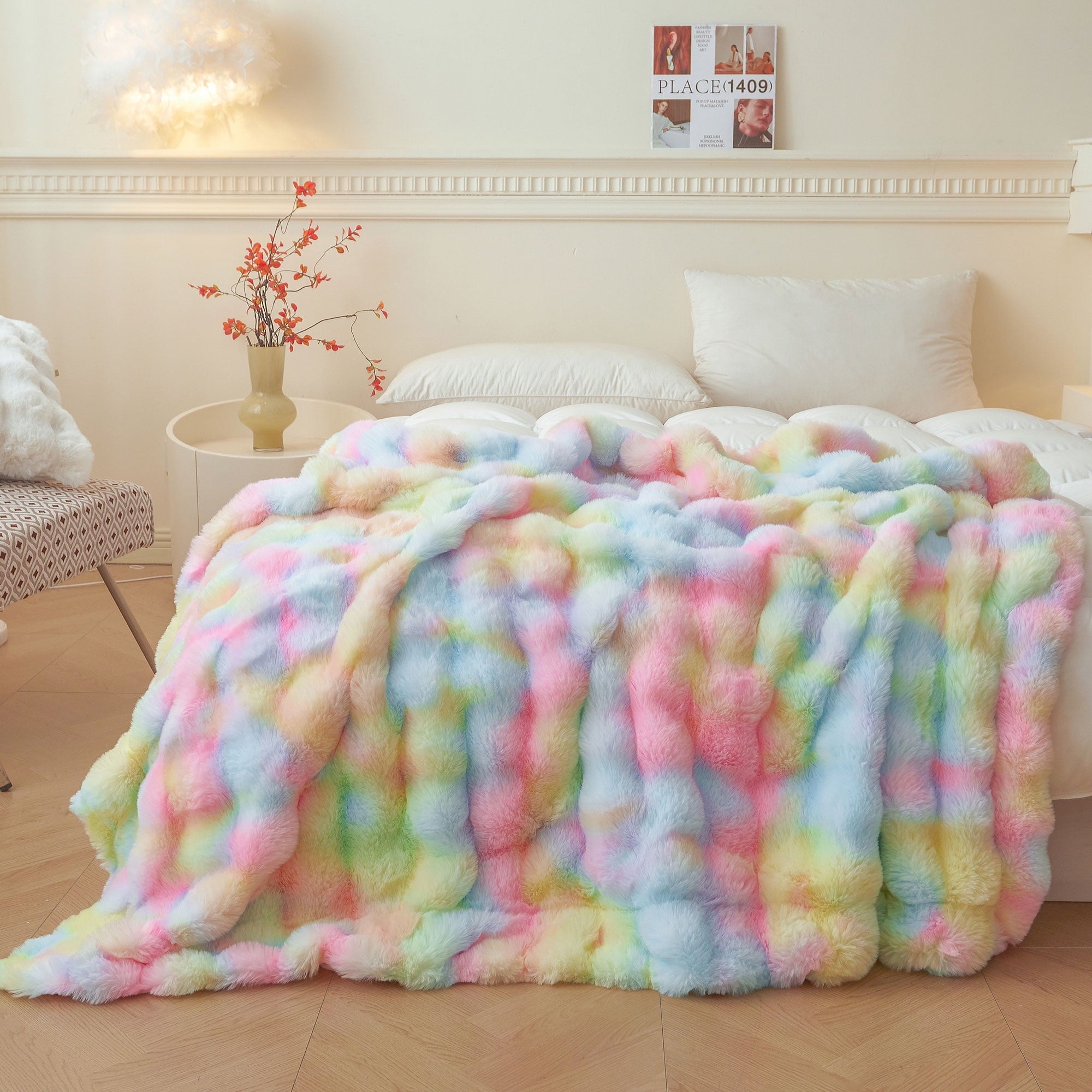 Lightweight Warm Fluffy Faux Rabbit Fur Bubble Throw, Rainbow Plush Shaggy Blanket for Couch Sofa Chair, Soft Tie Dye Furry Blanket Ad... - Lightweight Plush Warm Blanket for All Seasons - Default Title