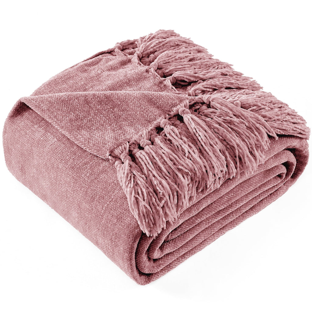 Super Soft Flannel Chenille Throw Blanket with Fringe Tassel for Couch Sofa Chair Bed, Mauve 50" X 70" - Luxury Knitted Decorative Throw Blanket with Fringes - Default Title