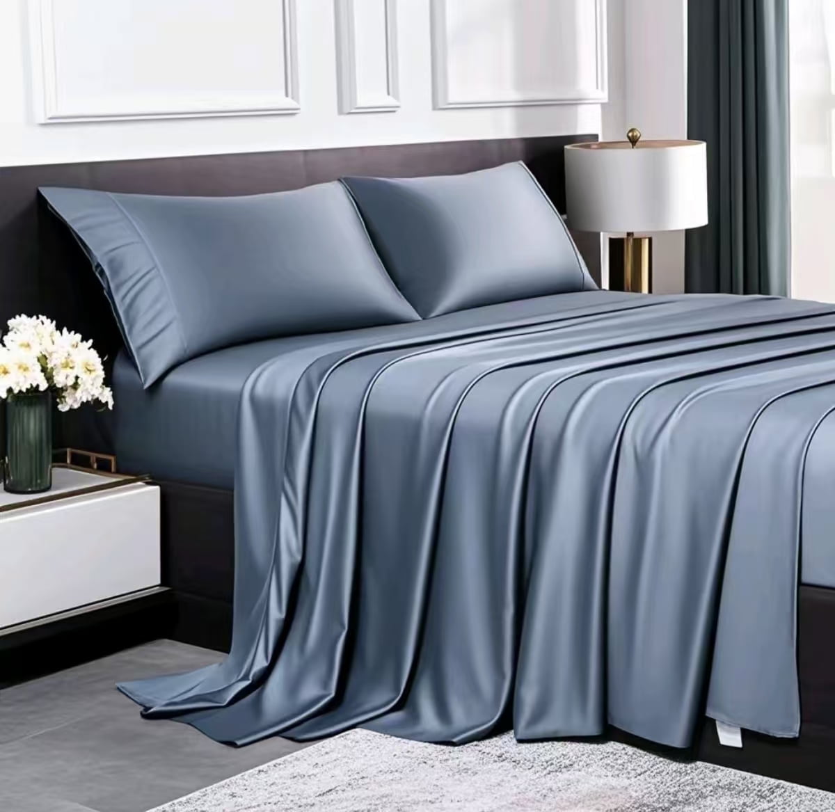 Breathable Luxury Luxury Bamboo Bed Sheets Set Full 4 Pcs for Adult,Soft&Cool,16" Deep Pocket,Blue Gray - Premium Ultra-Soft Pillowcase Pair for Sleeping - Default Title