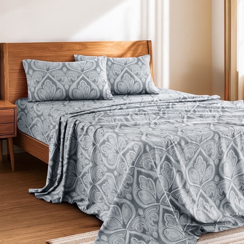 Breathable Luxury Lux Decor 4 Piece Queen Sheet Set, Brushed Microfiber Paisley Printed Bed Sheet Set with up to 16" Deep Pocket Fitted... - Luxury Bed Sheet Set with Deep Pockets - Default Title
