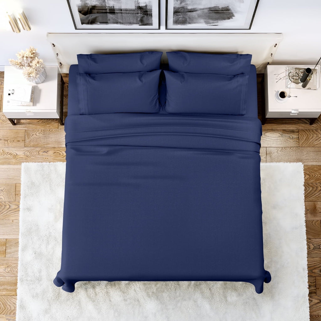 Premium Egyptian Cotton Queen Bed Sheets Set, 6 Pc Microfiber Bed Sheets, Extra Deep Pocket Queen Fitted Sheet, Flat Sheet & Pillowcases, Nav... - Breathable Egyptian Cotton Flat & Fitted Sheets - Default Title