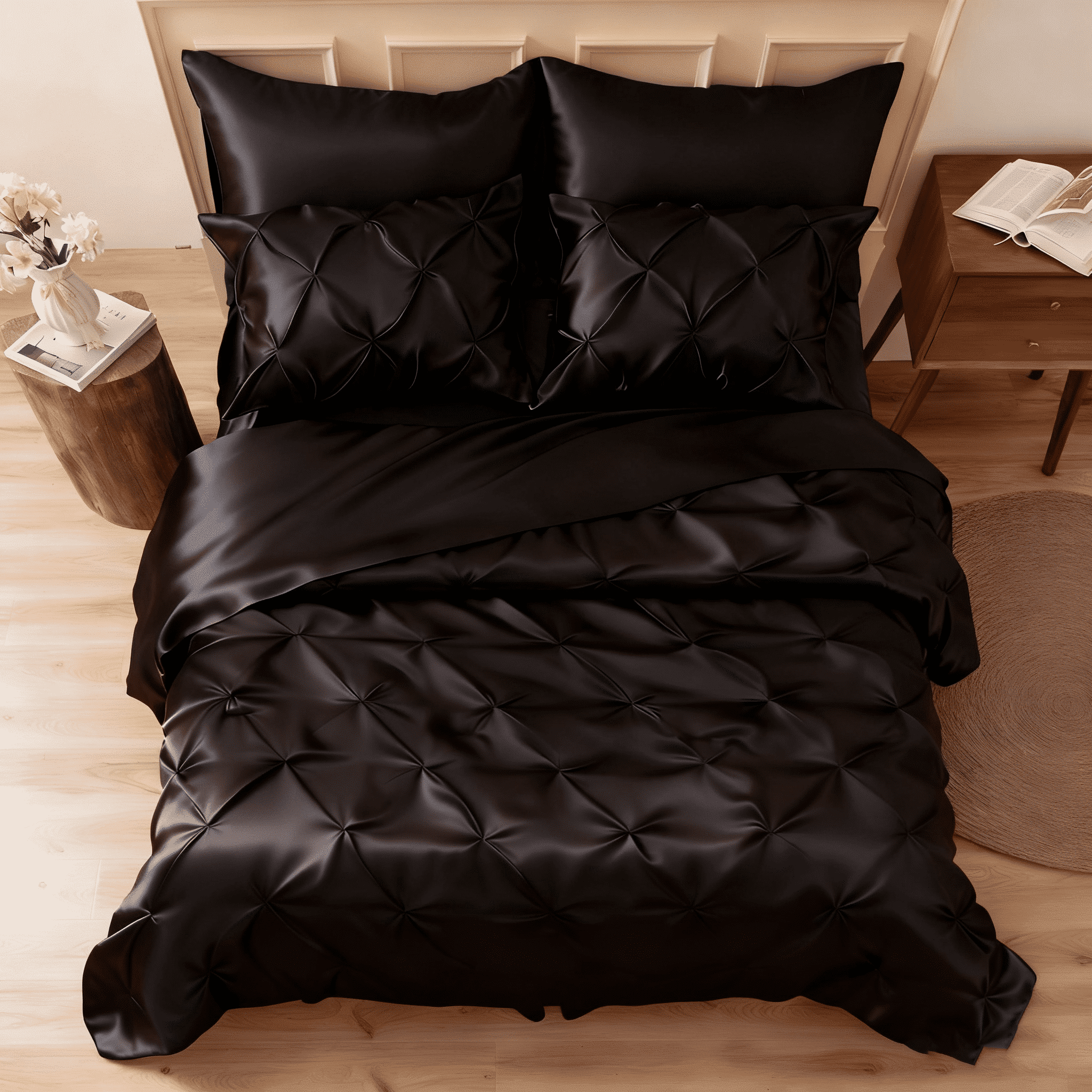 Fluffy Down Alternative Satin Comforter Set 7 Pieces Queen Size - Luxurious Pinch Pleat Bed in a Bag with Satin Comforter, Satin Sheets, Sati... - Luxurious Quilted Duvet Cover Set - Default Title