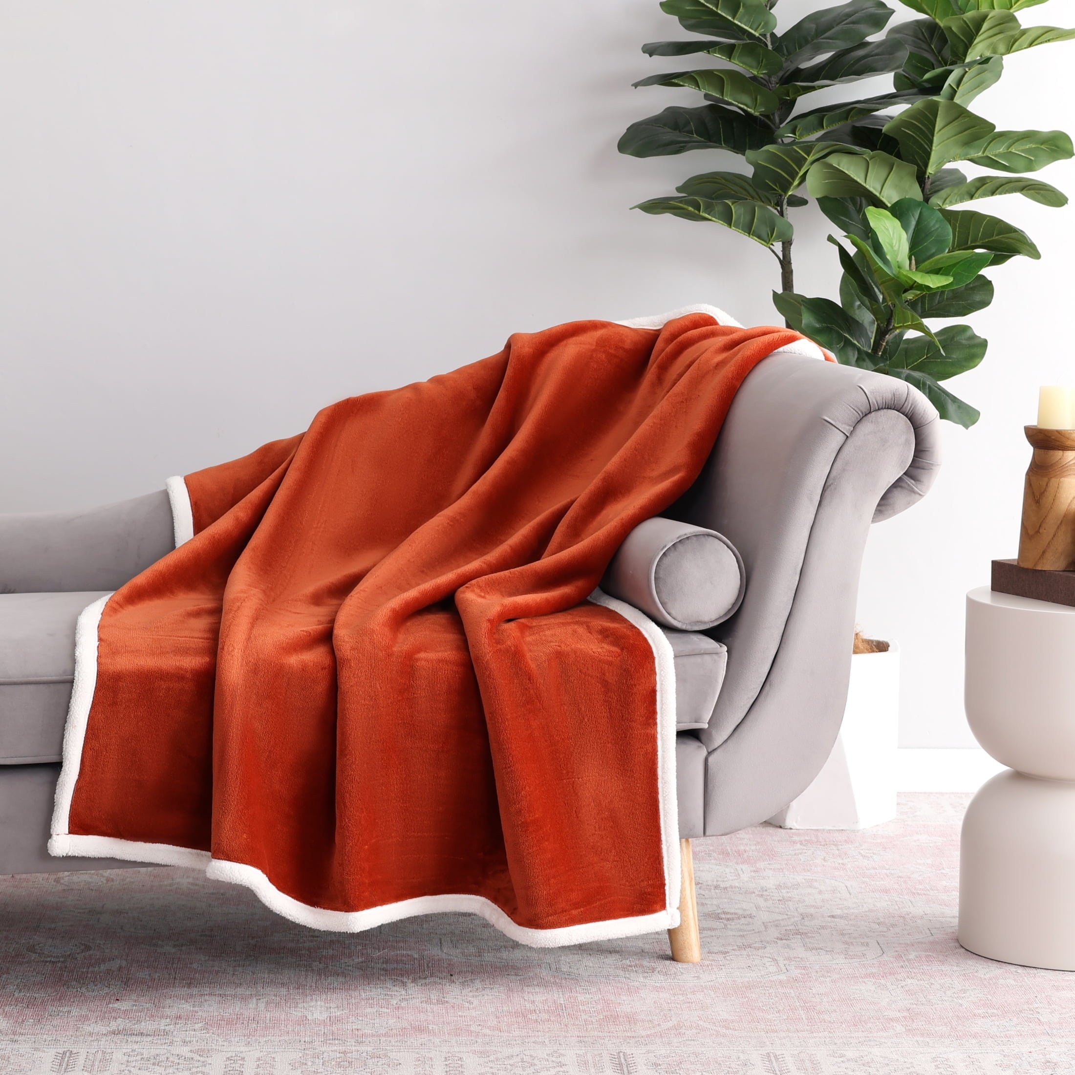 Reversible Sherpa Reversible Printed Velvet Plush and Hampshire Faux Shearling Soft Throw Blanket, Standard Size, Auburn Sun - Cozy Fleece Throw Blanket for Couch & Bed - Default Title