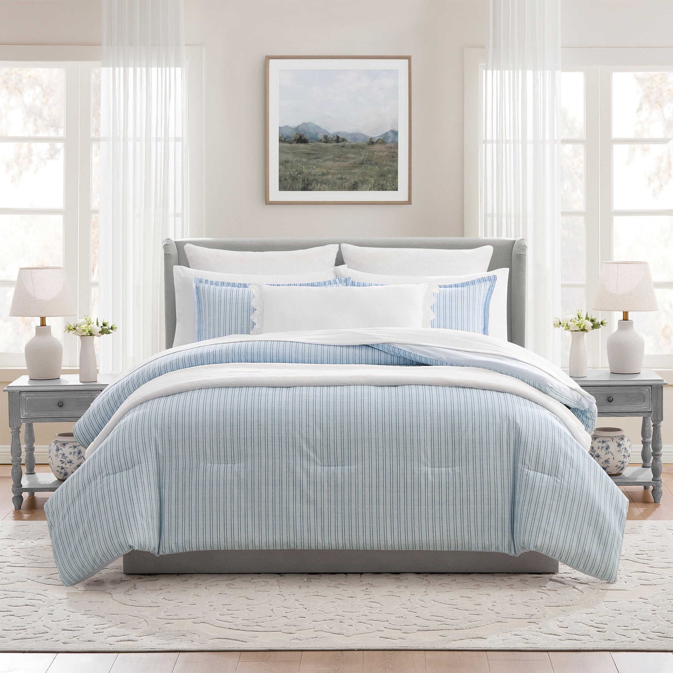 Luxurious Quilted Stripe 11-Piece Comforter Set with Sheets, Blue, Queen - Luxurious Quilted Duvet Cover Set - Default Title