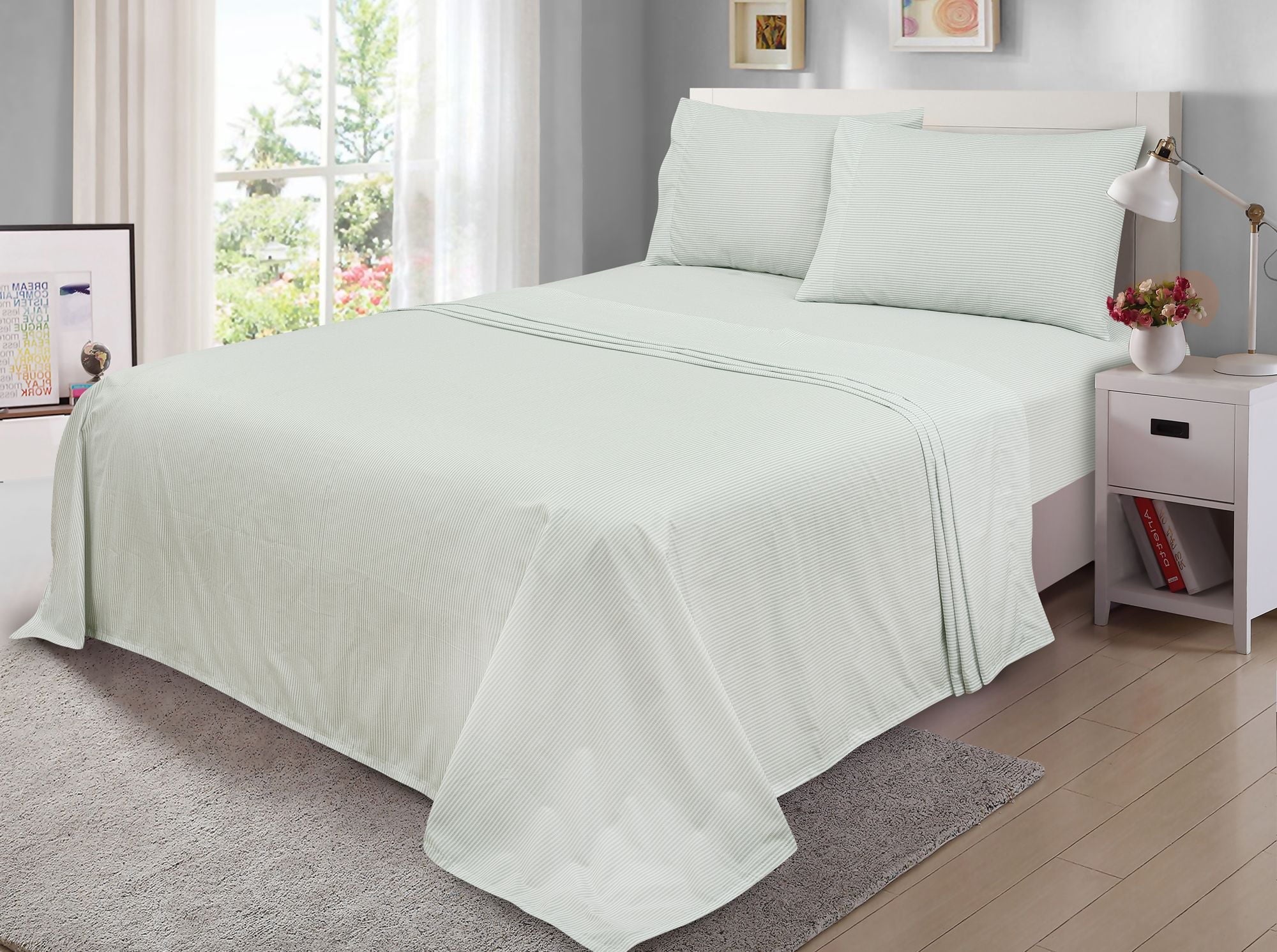 Breathable Luxury Easy Care 300 Thread Count Cotton Rich Percale Sheet Set, King, Grey Stripes - Premium Ultra-Soft Pillowcase Pair for Sleeping - Default Title