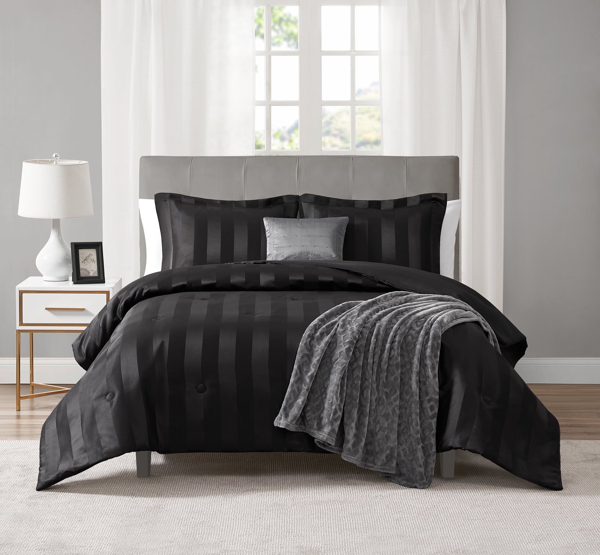 Hypoallergenic Cloud Rich Black 5 Piece Damask Stripe Comforter Set, King, Adult, Unisex - All-Season Down Alternative Comforter Insert - Default Title
