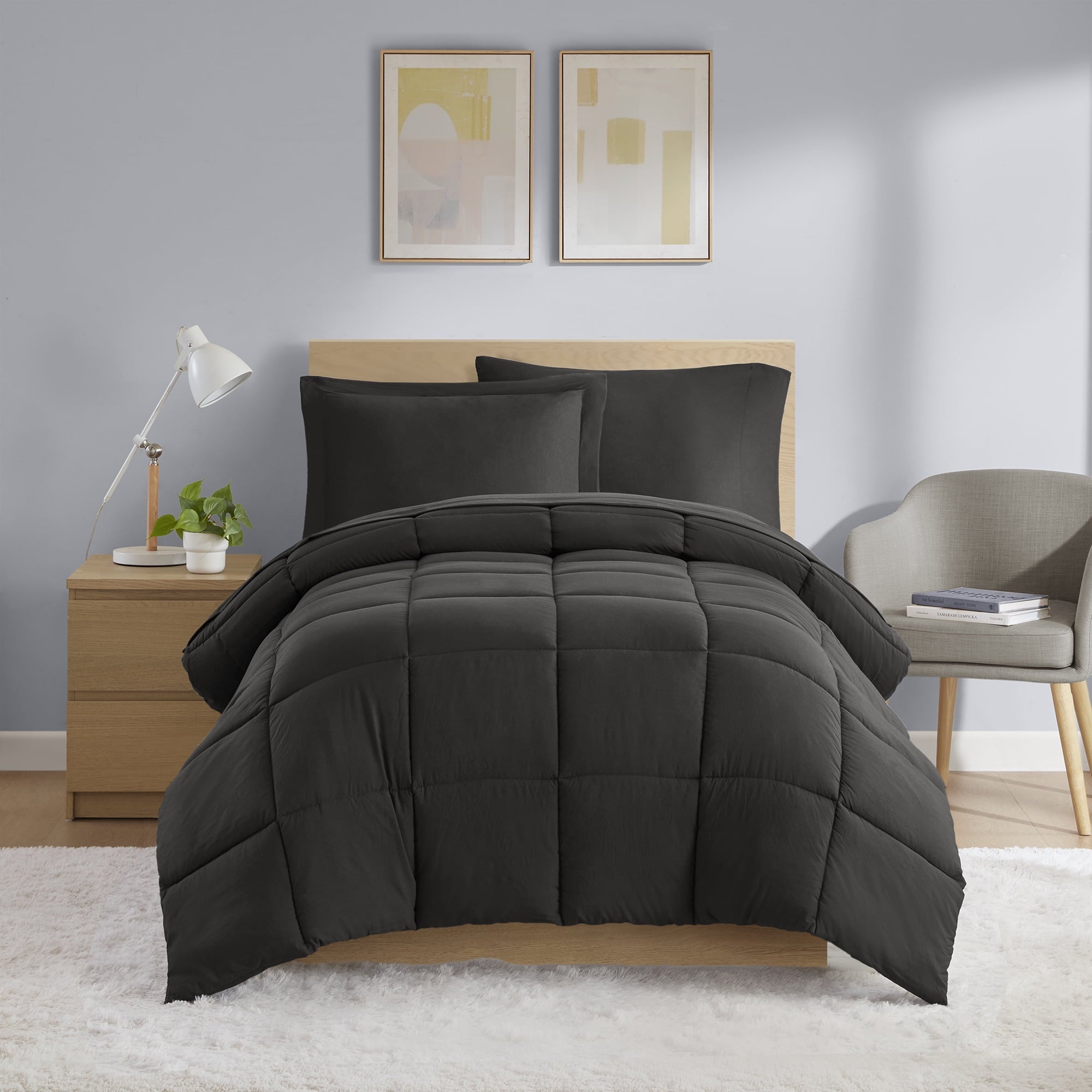 Luxurious Quilted All in One Down Alt Reversible Comforter and Sheet set- 5 Piece, Twin, Black - Luxurious Quilted Duvet Cover Set - Default Title