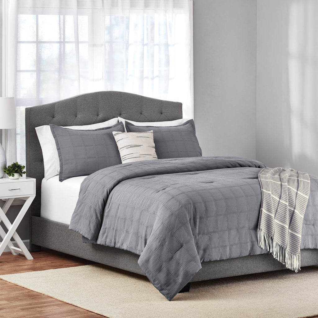 Fluffy Down Alternative Full/Queen Comforter Set, All-Season, 5-Piece, Grey Waffle Check - Luxurious Quilted Duvet Cover Set - Default Title