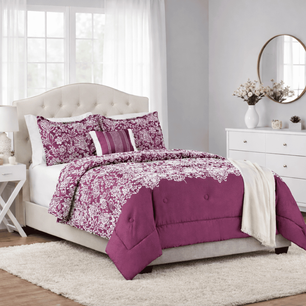 Luxurious Quilted 5-Piece Jacquard Comforter Set with Decor Pillow and Throw Purple Flocking Embroidery Bedding Set, Full/Queen - Cloud-Like Soft Lightweight Bed Comforter - Default Title