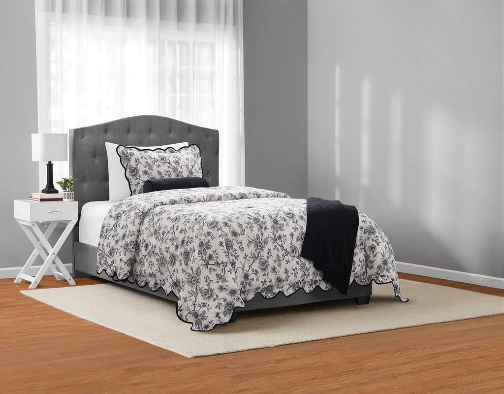 Fluffy Down Alternative Floral Scallop 4-Piece White/Black Comforter Set, Twin/Twin XL - Luxurious Quilted Duvet Cover Set - Default Title