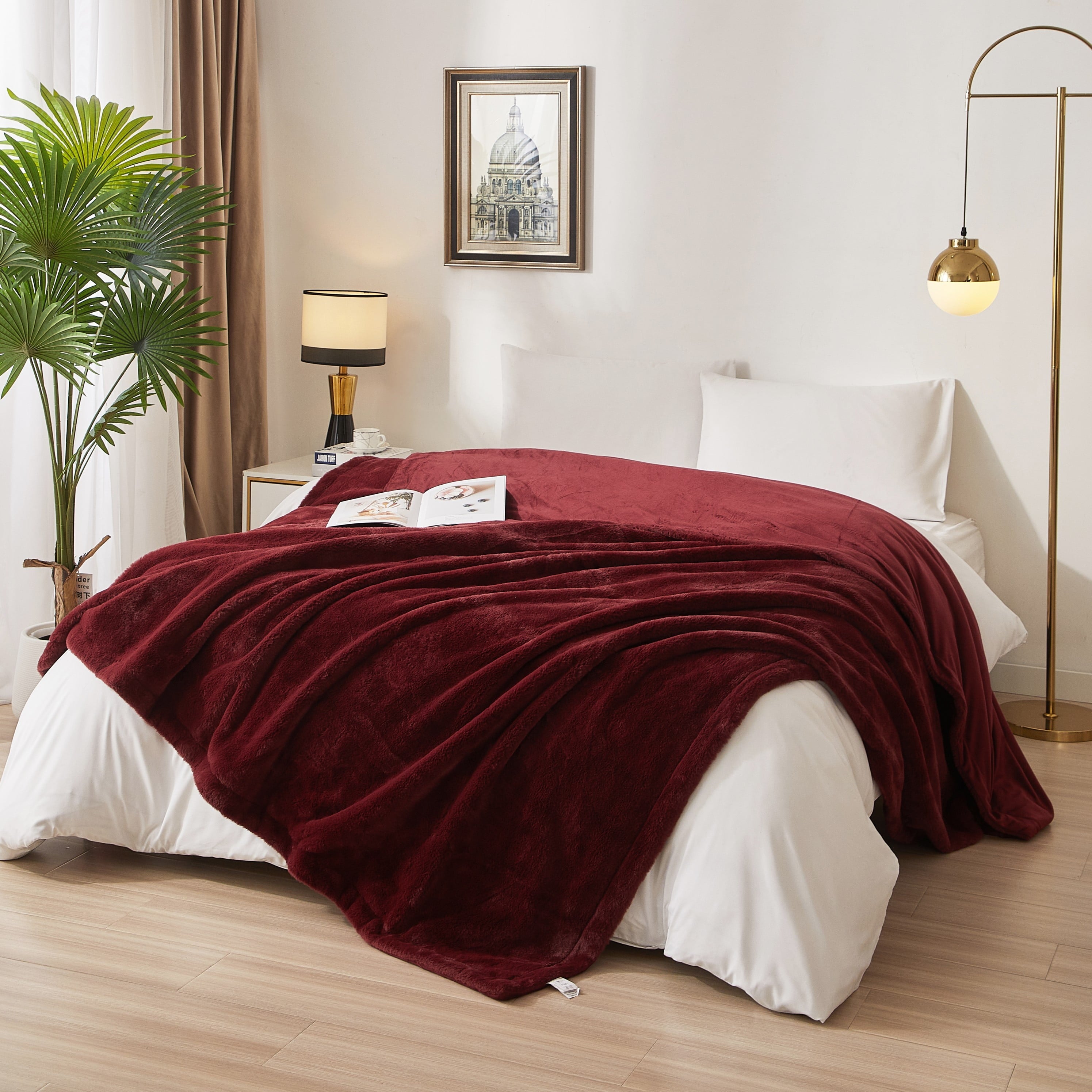 Decorative Knitted Cozy Faux Fur Super Soft luxury Blanket, Full/Queen, Luscious Merlot - Luxury Knitted Decorative Throw Blanket with Fringes - Default Title