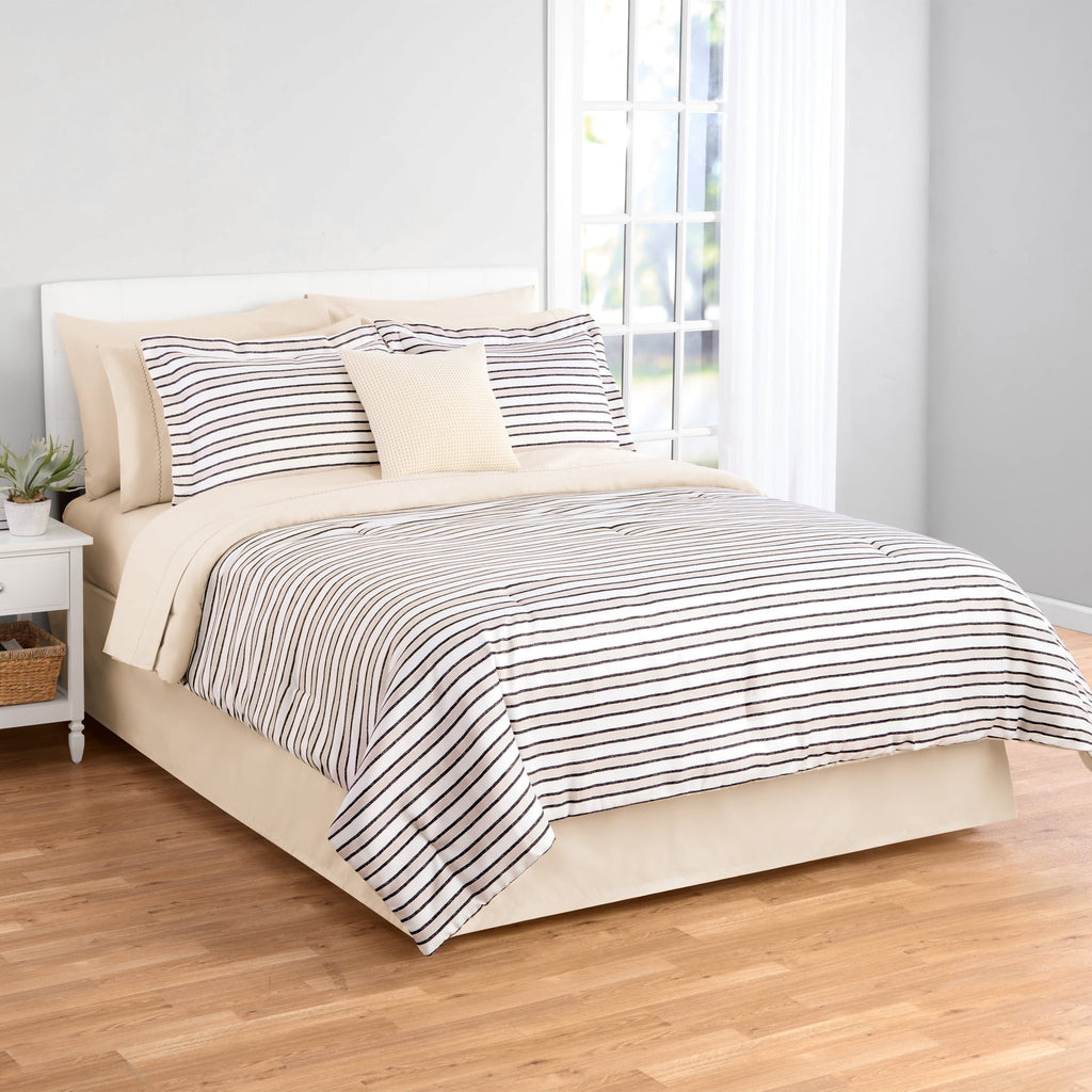 Fluffy Down Alternative Soft Touch Bed in a Bag 11-Piece Reversible Tan & Black Striped Comforter Set with Sheets, Queen - Cloud-Like Soft Lightweight Bed Comforter - Default Title