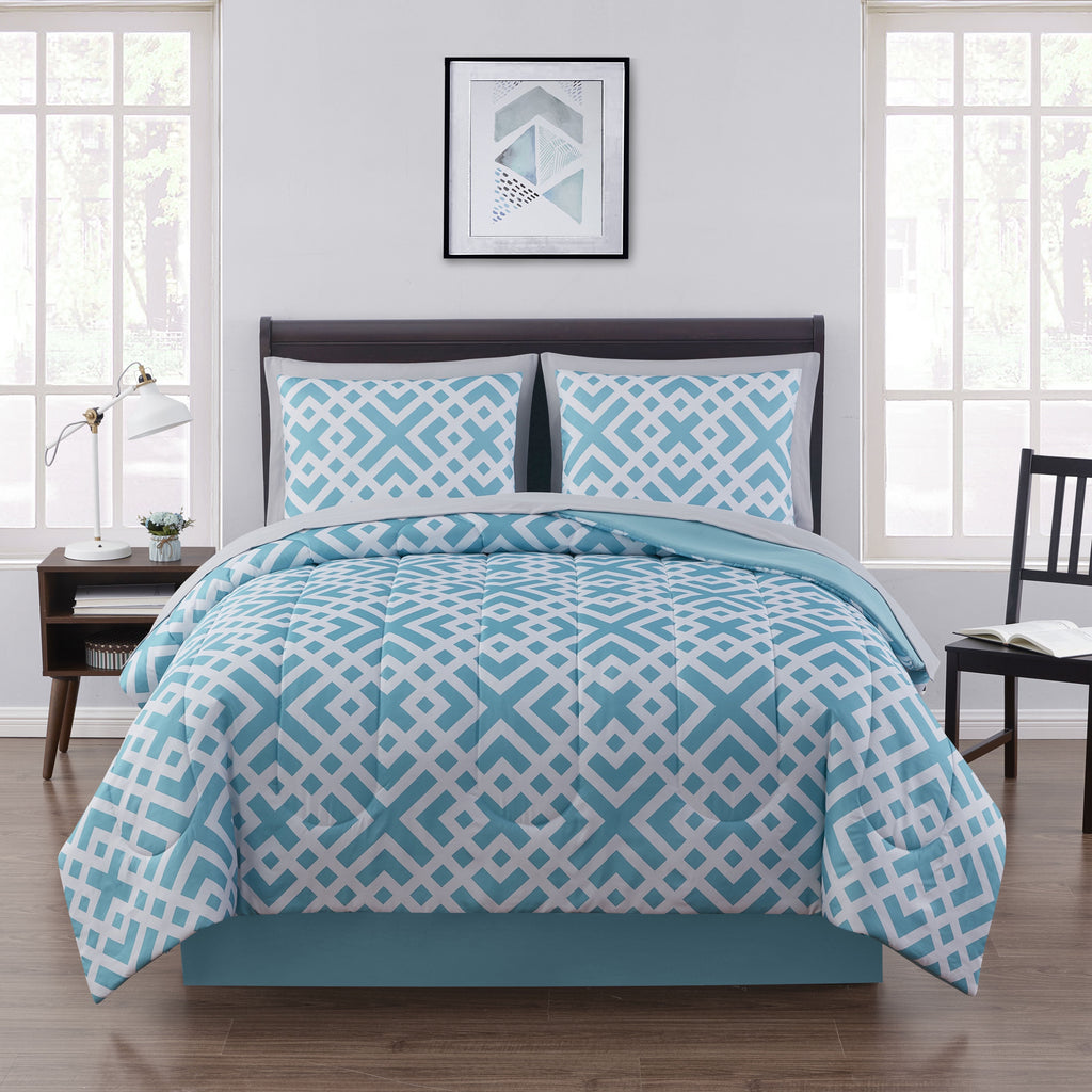 Fluffy Down Alternative Teal Geometric 6 Piece Bed in a Bag Comforter Set with Sheets, Twin/Twin-XL - Cloud-Like Soft Lightweight Bed Comforter - Default Title
