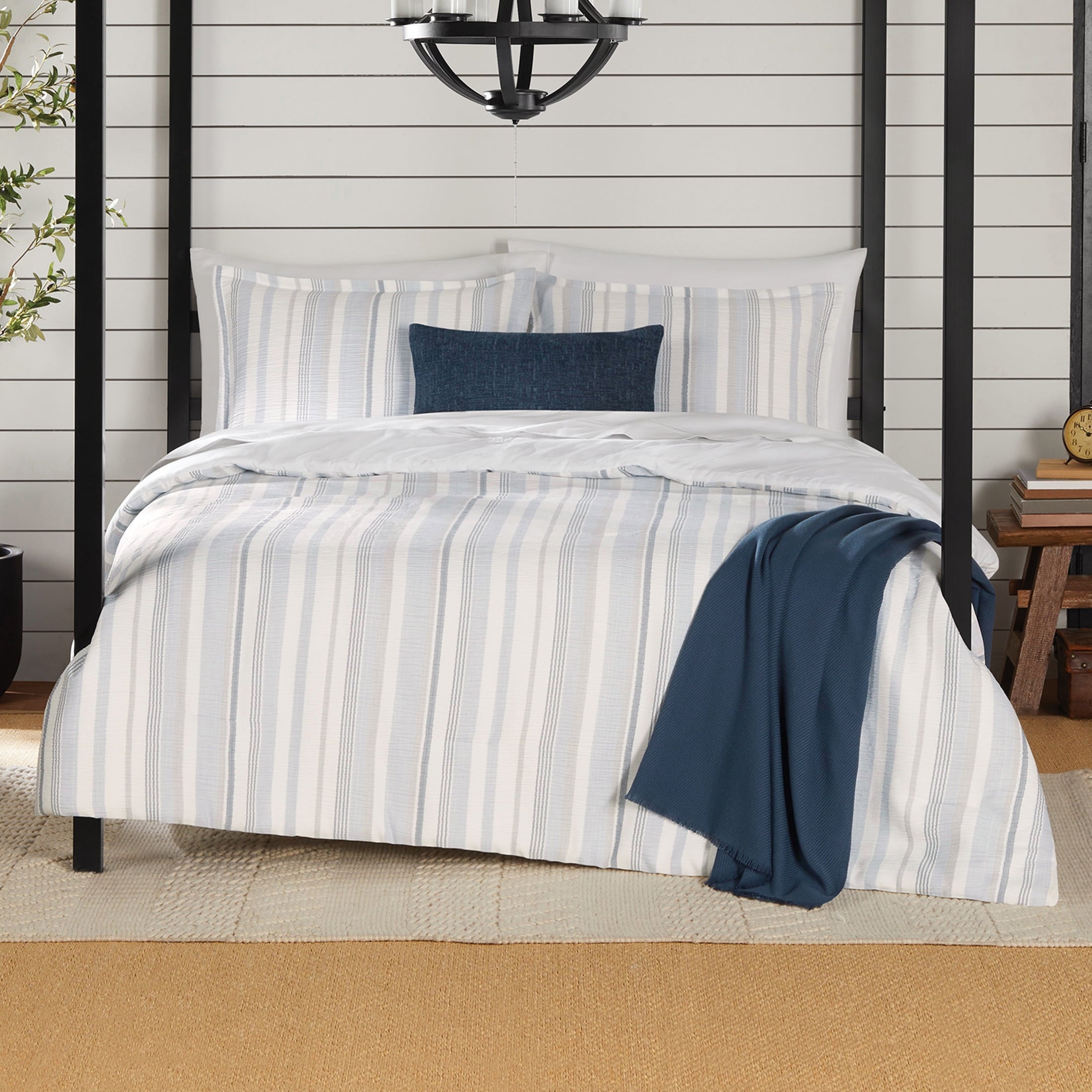 Hypoallergenic Cloud Full/Queen Comforter Set, All-Season, 5-Piece, Blue Yarn Dyed Stripe - Luxurious Quilted Duvet Cover Set - Default Title