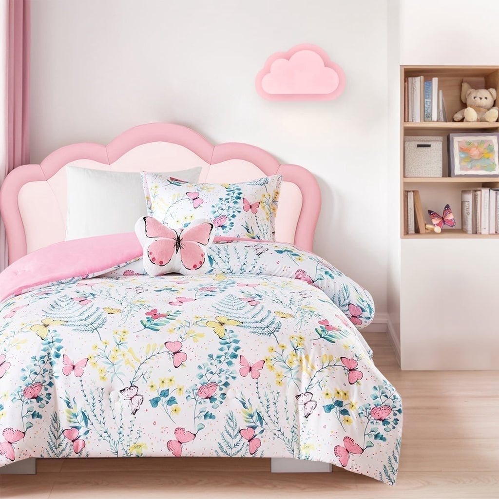All-Season Full/Queen Size Comforter Sets, 4-Piece Kids Bedding Set for Girls, Butterfly Floral Comforter Bed Set, White/Pink - Luxurious Quilted Duvet Cover Set - Default Title