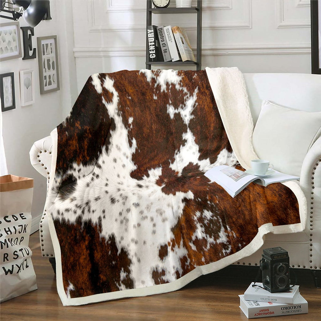 Lightweight Warm Milk Cow Print Throw Blanket for Bed Chair,Black Brown Cowhide Fleece Blanket 50"x60",Farmhouse Rustic Animal Skin We... - Luxury Knitted Decorative Throw Blanket with Fringes - Default Title
