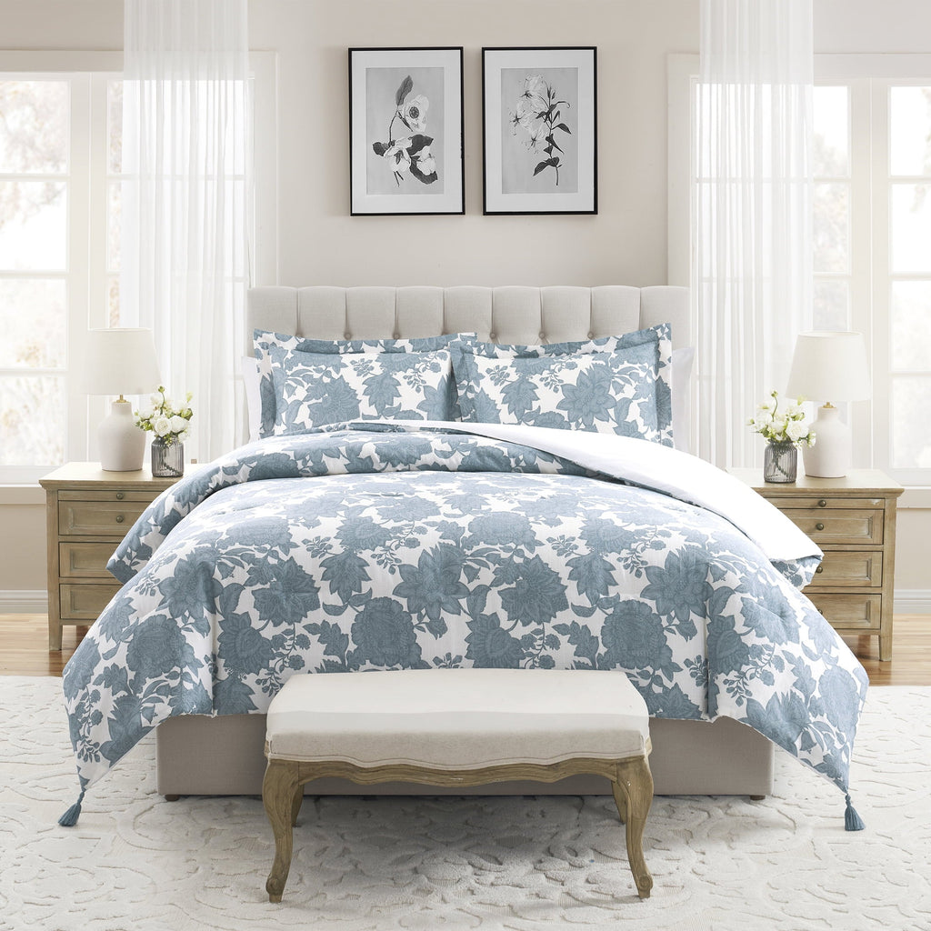 Heavyweight Warmth Veronica 3-Piece Blue Floral Cotton Slub Comforter Set, King - Luxurious Quilted Duvet Cover Set - Default Title