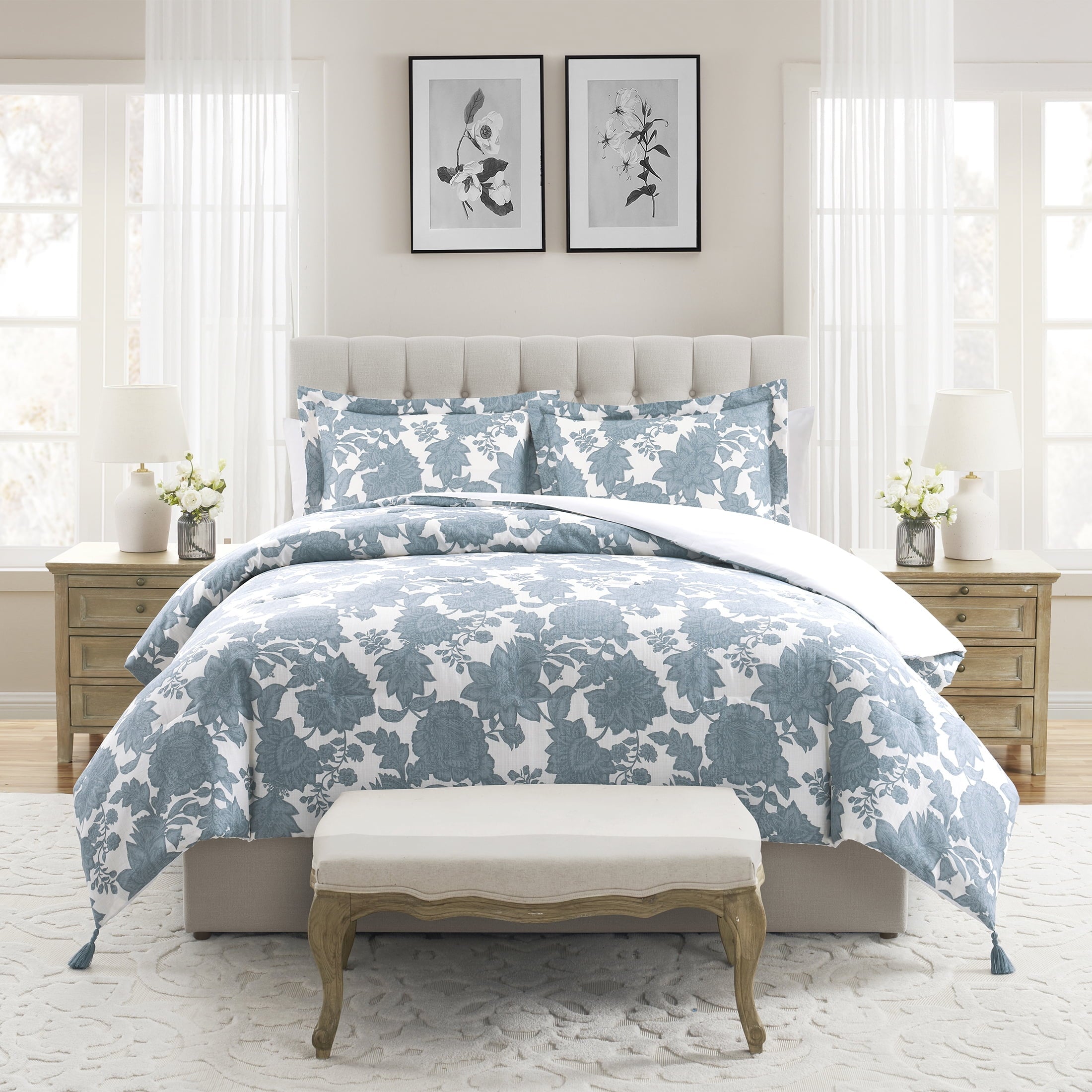 Heavyweight Warmth Veronica 3-Piece Blue Floral Cotton Slub Comforter Set, King - Luxurious Quilted Duvet Cover Set - Default Title