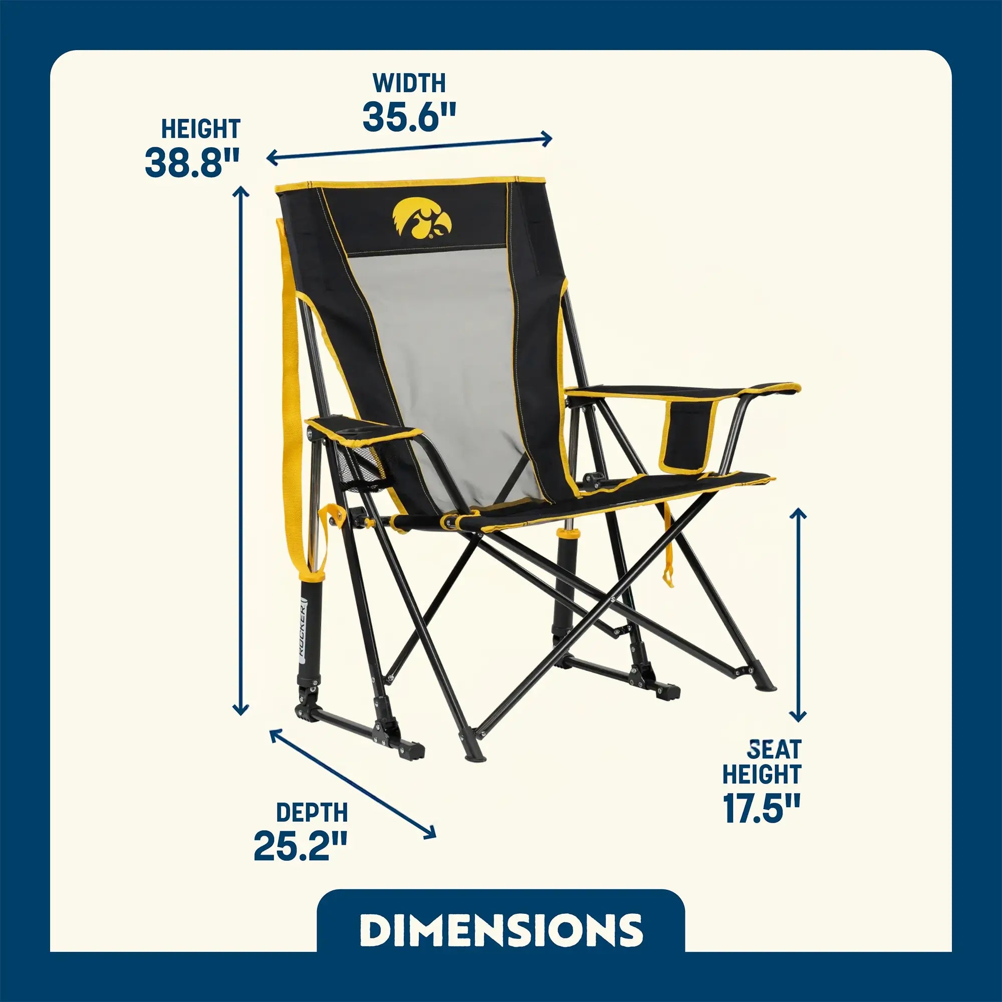 Patented Spring-Action College Comfort Pro Rocker - Iowa Hawkeyes - Choice 249 - RoadTrip Rocker Smooth Motion Camp Chair Detail