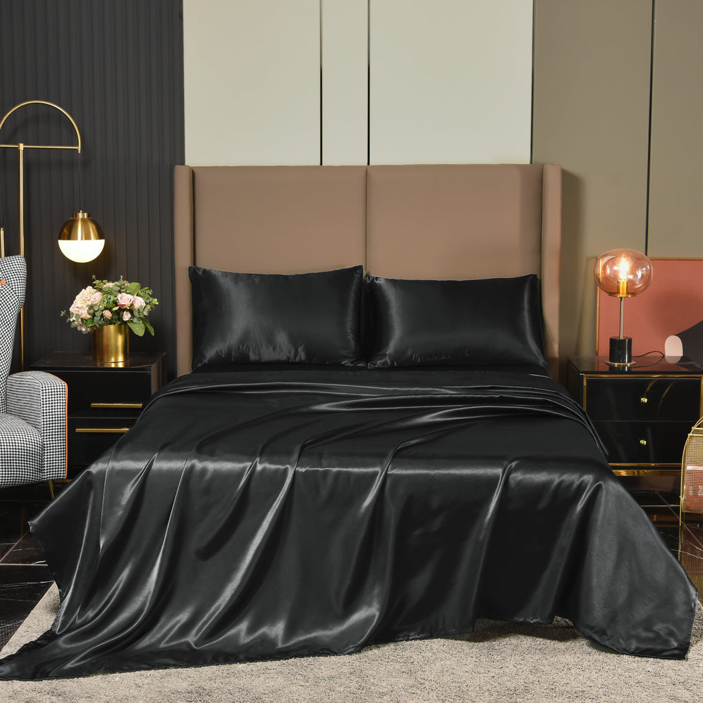 Ultra-Soft Satin Sheets Full Black Luxury Silky Bed Sheets 1800 Microfiber Sheet Set 4 Pcs - Breathable Egyptian Cotton Flat & Fitted Sheets - Default Title