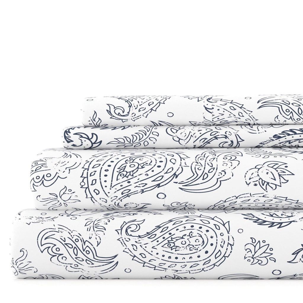 Premium Egyptian Cotton 4 Piece Pattern Microfiber Bed Sheets Set, Navy Coarse Paisley, Full - Luxury Bed Sheet Set with Deep Pockets - Default Title