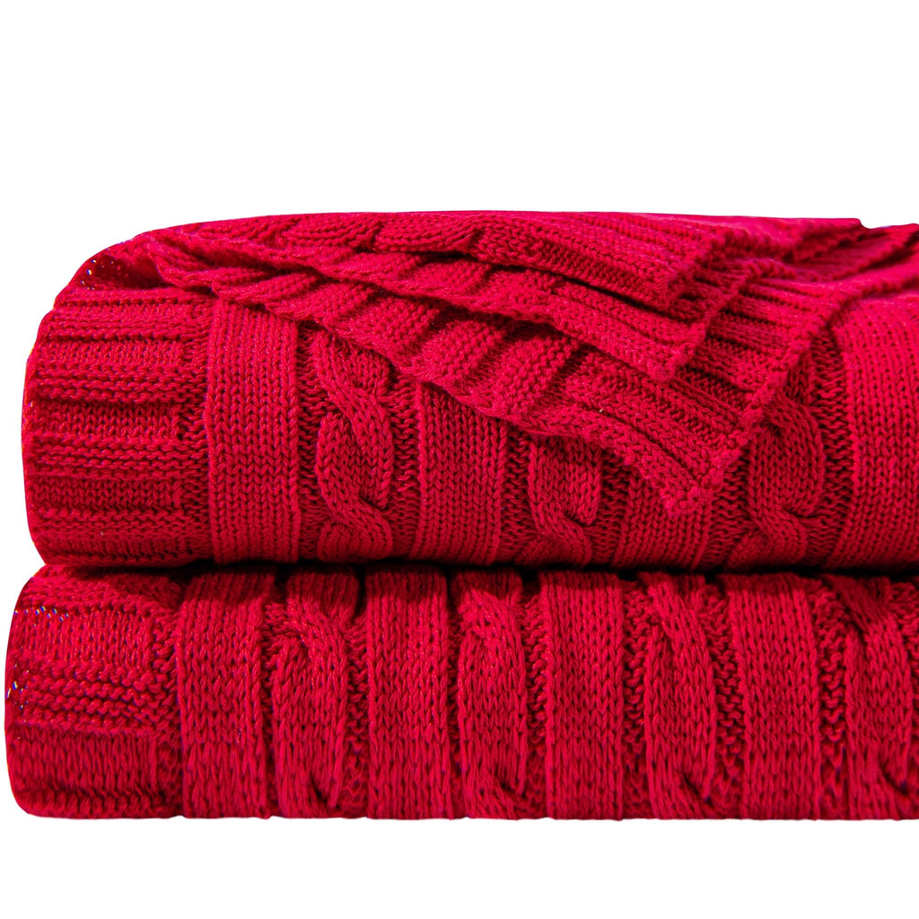 Cozy Fleece 100% Cotton Cable Knit Throw, Super Soft Warm Knitted Blanket Home Decor, 51"x67", Red - Super Soft Reversible Sherpa Flannel Blanket - Default Title