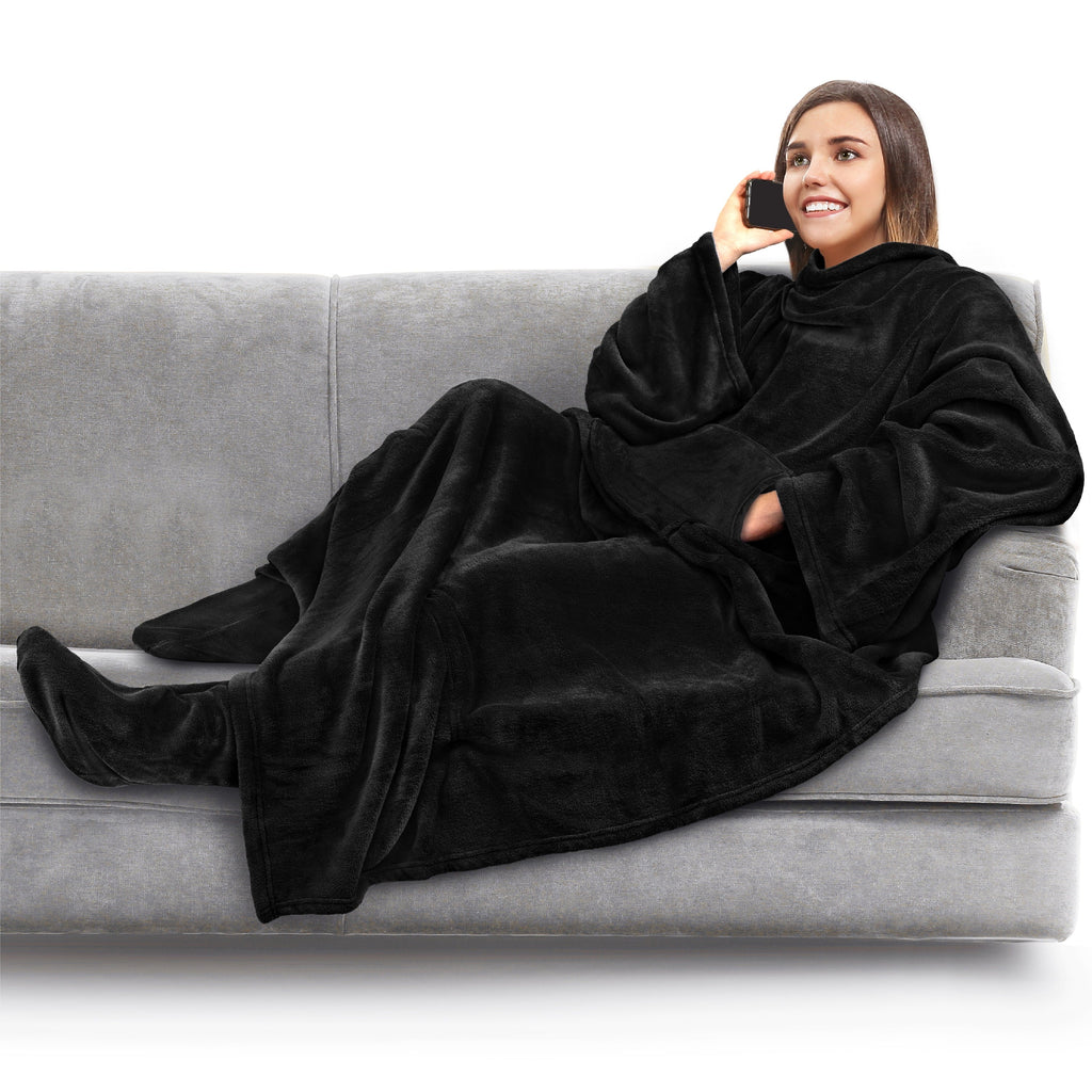 Cozy Fleece Fleece Blanket with Sleeves, Foot Pockets for Women Men Adults, Plush Wearable Blanket Throw Wrap, Warm Snuggle Blank... - Super Soft Reversible Sherpa Flannel Blanket - Default Title