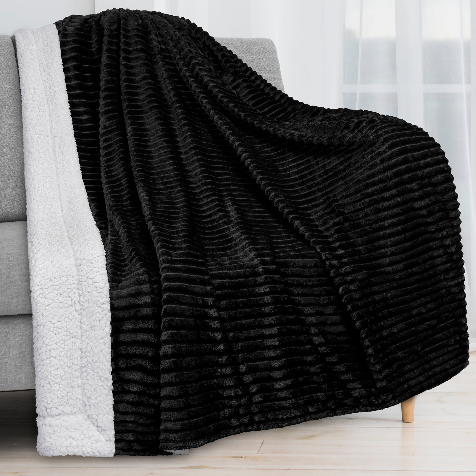Cozy Fleece Reversible Sherpa Fleece Throw Blanket Black, Plush Flannel Throw, Ultra Soft Warm Ribbed Microfiber Blanket for Sofa... - Cozy Fleece Throw Blanket for Couch & Bed - Default Title
