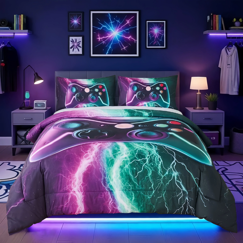 All-Season Queen Size Gaming Comforter Set for Boys,3-Piece 3D Green Purple Lightning Game Controller Bedding Set for Kids Teens - Luxurious Quilted Duvet Cover Set - Default Title