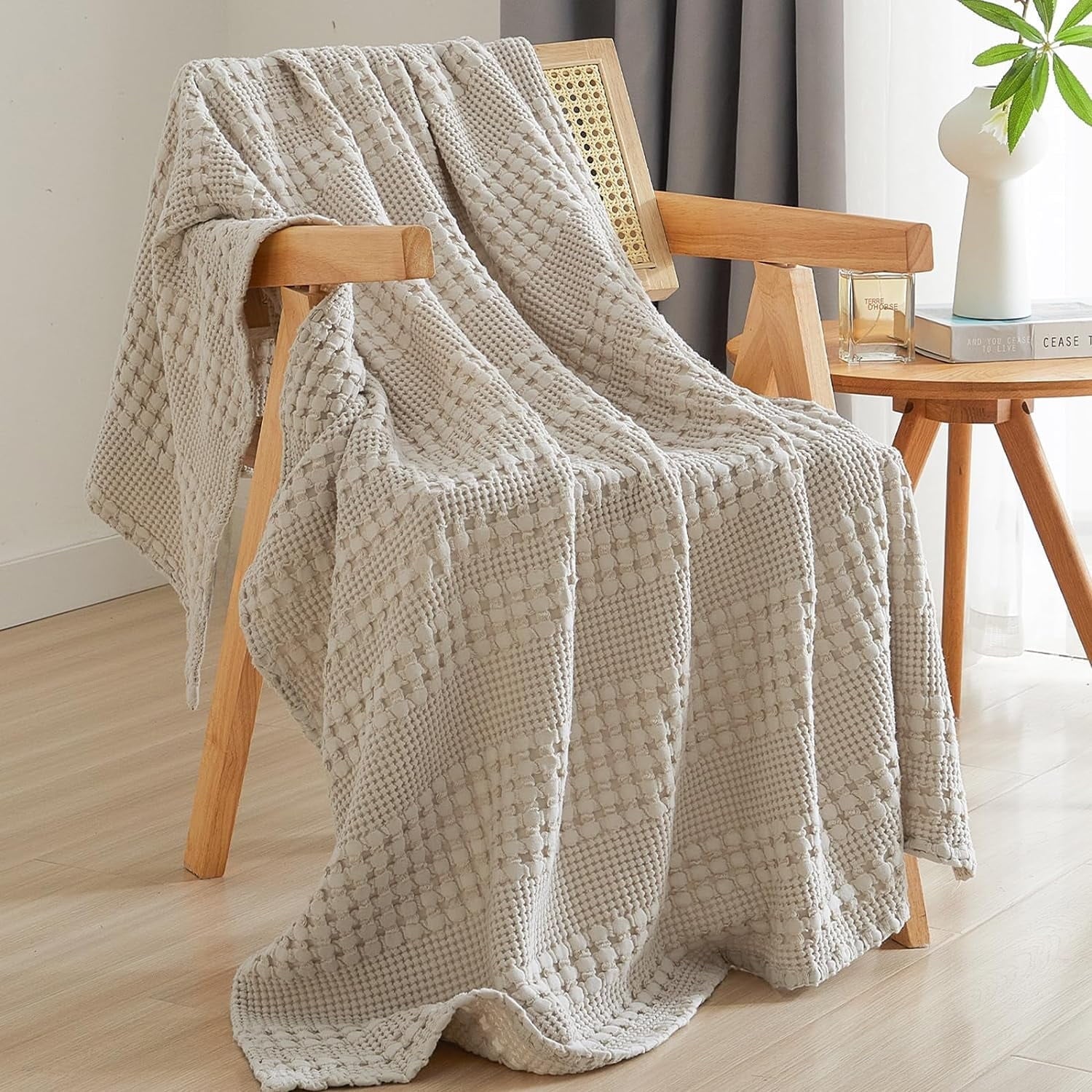 Reversible Sherpa 100% Cotton Waffle Weave Blanket, Lightweight Throw Washed Blanket for Bed Sofa Home Decor, Oatmeal, 50"x60" - Lightweight Plush Warm Blanket for All Seasons - Default Title
