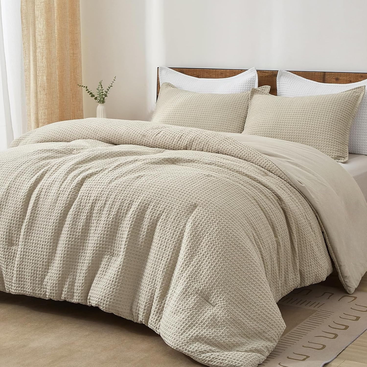 Heavyweight Warmth 3-Piece Waffle Weave Comforter Set Queen Size, Lightweight Comfy Bedding Set for All Season, Ultra Soft Textured 1 Co... - All-Season Down Alternative Comforter Insert - Default Title