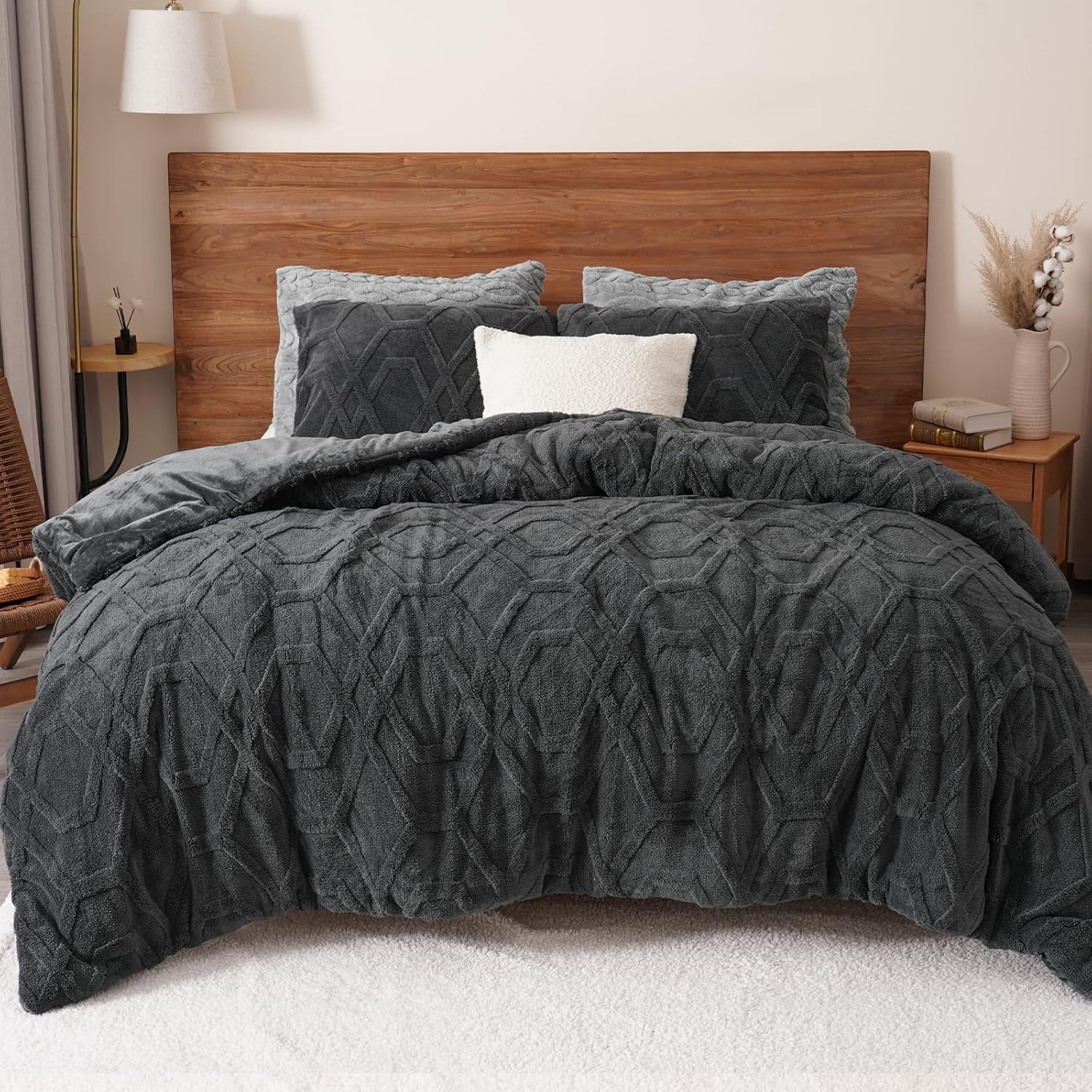 All-Season Warm Sherpa Fleece Queen Comforter Set, 3D Tufted Fluffy Dark Grey Bedding for Winter, Soft 3 Pieces Shaggy Bed Set, ... - Hypoallergenic Ultra-Fluffy Quilt for Winter - Default Title