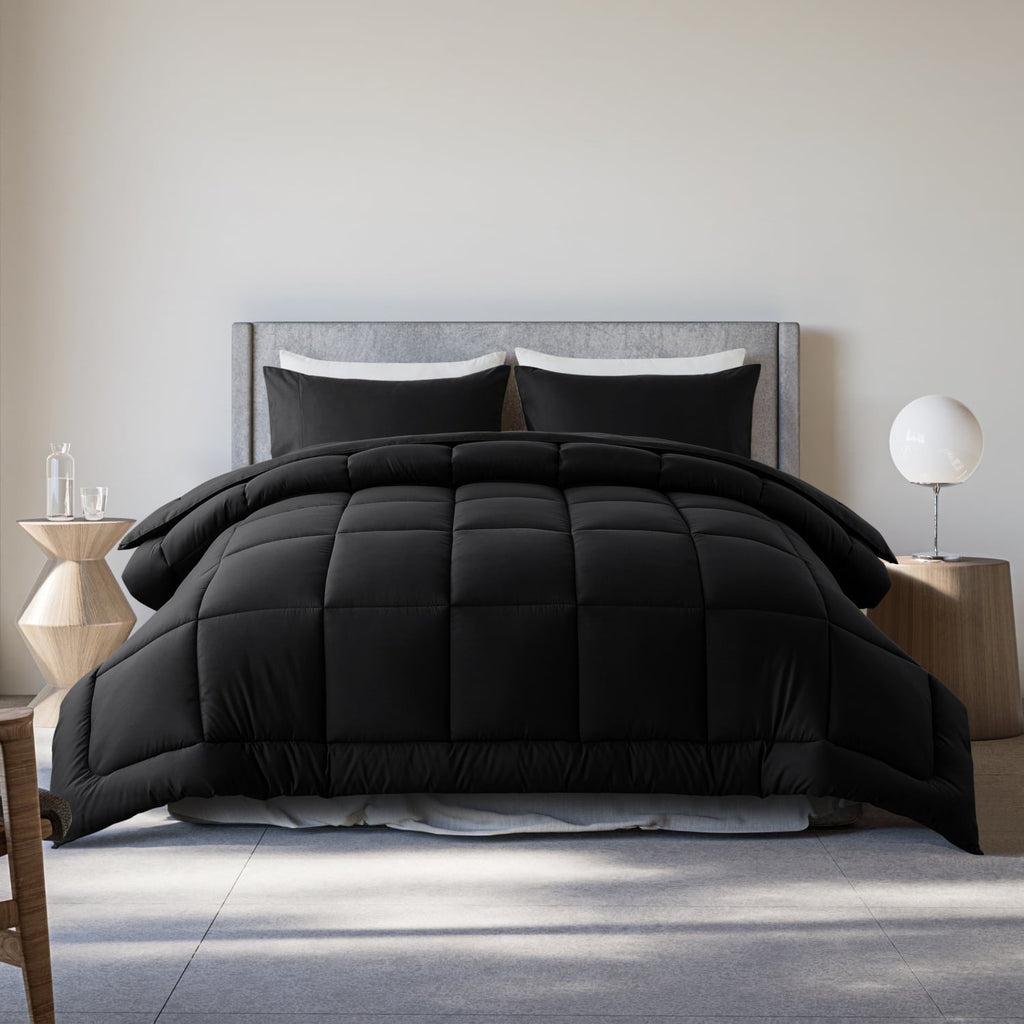 Heavyweight Warmth Queen Size 3-Piece All-Season Down Alternative Comforter Set Deep Black (Comforter and Pillowcase Bedding Set / bed i... - Luxurious Quilted Duvet Cover Set - Default Title