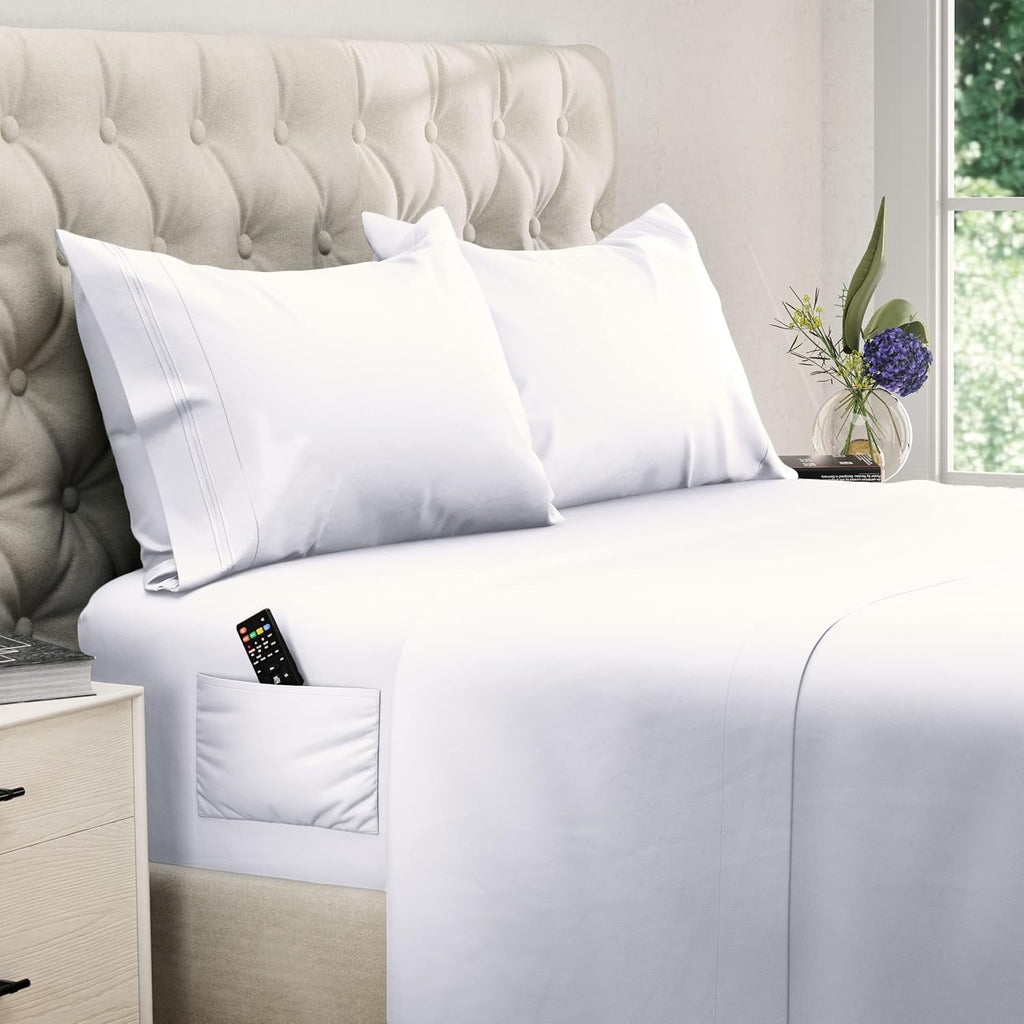 Breathable Luxury Set, Soft Microfiber 4 Piece Hotel Luxury Bed s with Deep Pockets, Embroidered Pillow Cases, Side Storage Pocket Fitt... - Luxury Bed Sheet Set with Deep Pockets - Default Title