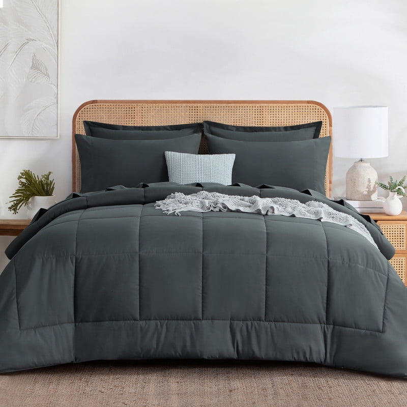 Fluffy Down Alternative 7 Pieces Comforter Set with Sheets - Bed in a Bag with Comforter and All Season Sheets, Pillowcases,Dark Gray,Queen - All-Season Down Alternative Comforter Insert - Default Title