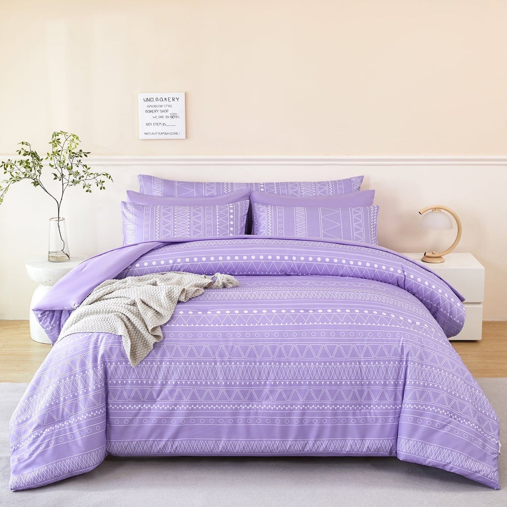 All-Season 8-Pieces Boho Bedding Set Full Lavender Striped Bed in a Bag for Girls Women Soft Fluffy Purple Comforter Set with Sh... - All-Season Down Alternative Comforter Insert - Default Title