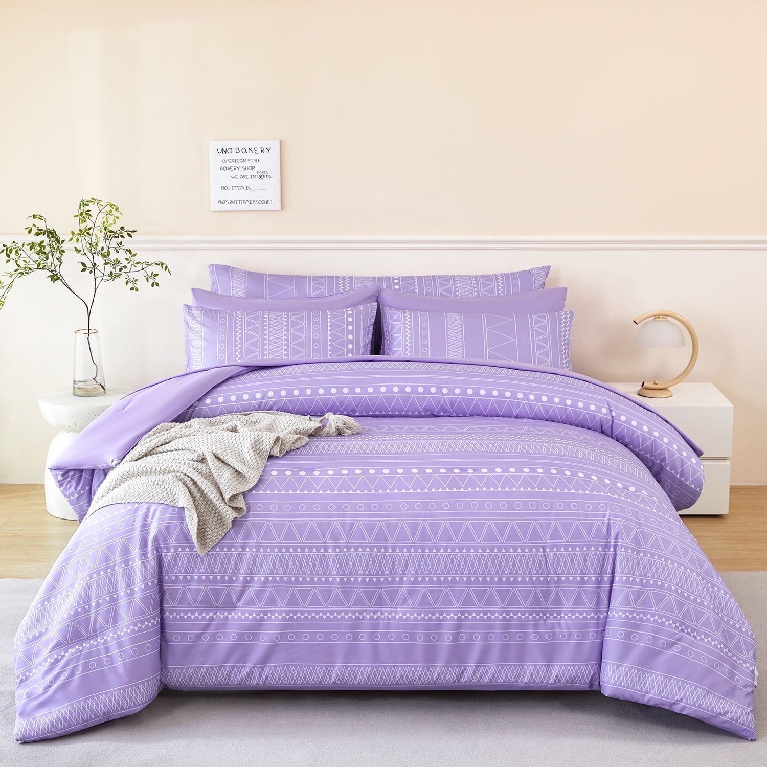 All-Season 8-Pieces Boho Bedding Set Full Lavender Striped Bed in a Bag for Girls Women Soft Fluffy Purple Comforter Set with Sh... - All-Season Down Alternative Comforter Insert - Default Title