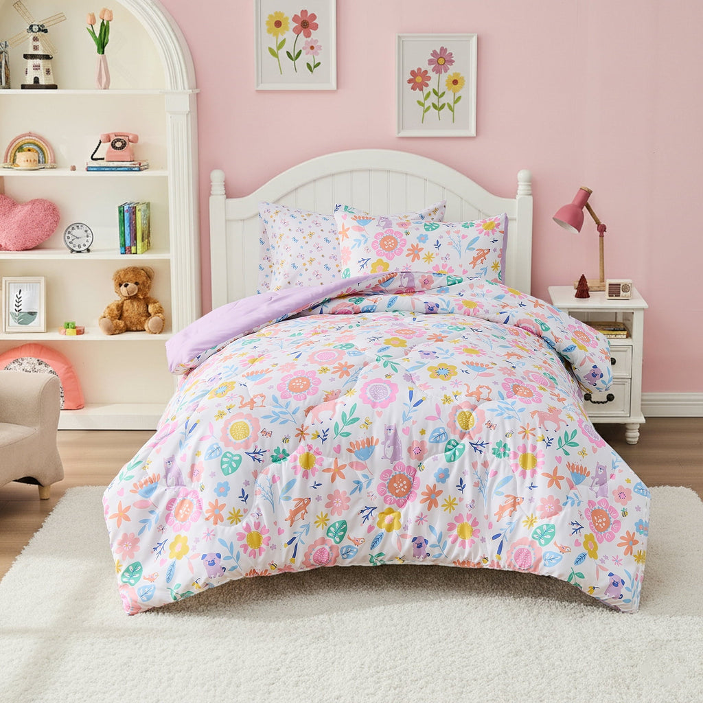 Fluffy Down Alternative Floral Comforter Set, Soft Microfiber Flower Bedding Set, 5 Pieces with Comforter, Sheets and Pillowcases, Twin - Luxurious Quilted Duvet Cover Set - Default Title