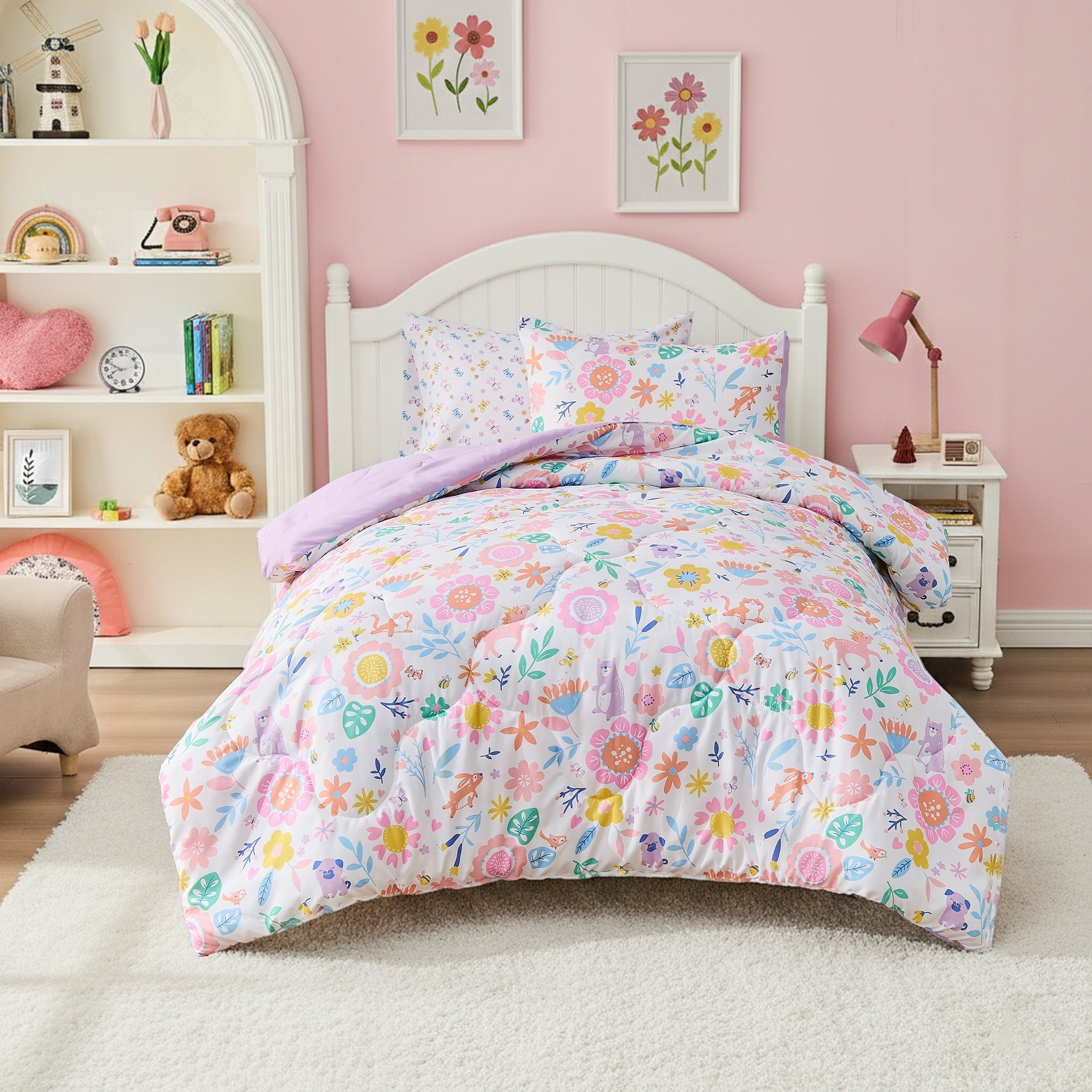 Fluffy Down Alternative Floral Comforter Set, Soft Microfiber Flower Bedding Set, 5 Pieces with Comforter, Sheets and Pillowcases, Twin - Luxurious Quilted Duvet Cover Set - Default Title