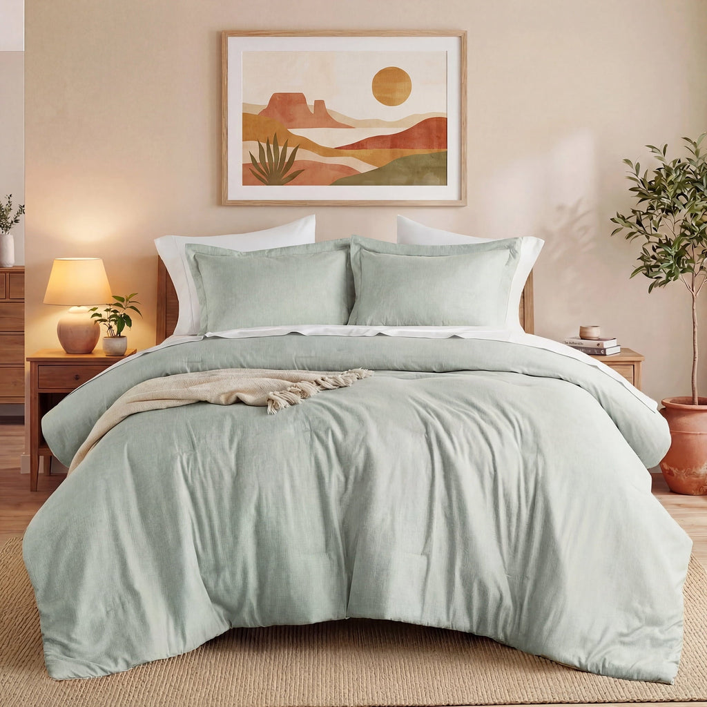 Hypoallergenic Cloud Full/Queen Comforter Sets, Reversible 3 Piece Extra Soft Bedding Set, Chambray Print Sage Green Comforter Bed Set wit... - All-Season Down Alternative Comforter Insert - Default Title